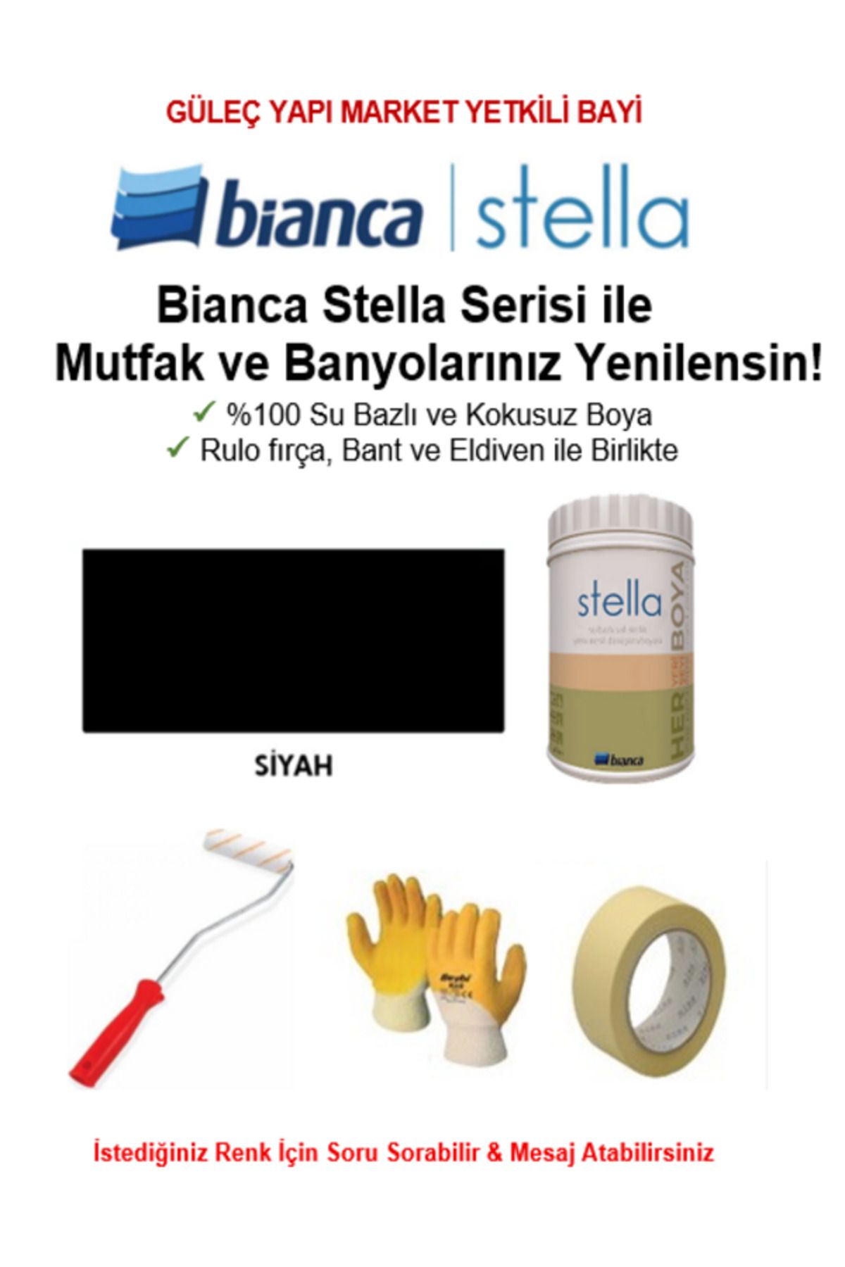 Bianca Stella Su Bazlı Saf Akrilik BOYA ( 1Lt Boya + Rulo fırça, Kağıt Bant ve Eldiven İle Birlikte)