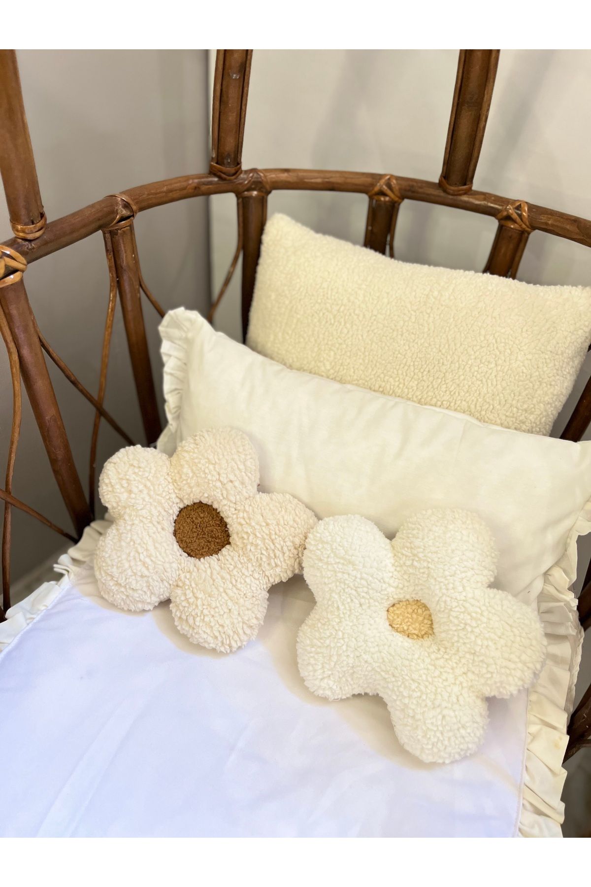 Cherry Bloom Cotton 2'li Peluş Papatya Yastık Mini 20 cm Ekru beyaz