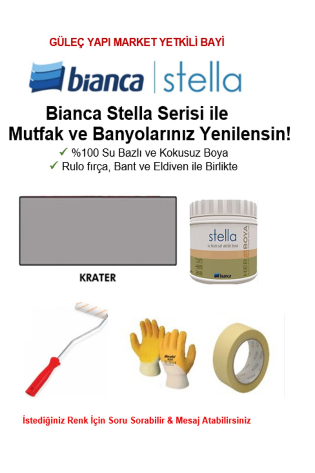 Bianca Stella Su Bazlı Saf Akrilik BOYA ( 0,5Lt Boya + Rulo fırça, Kağıt Bant ve Eldiven İle Birlikte)