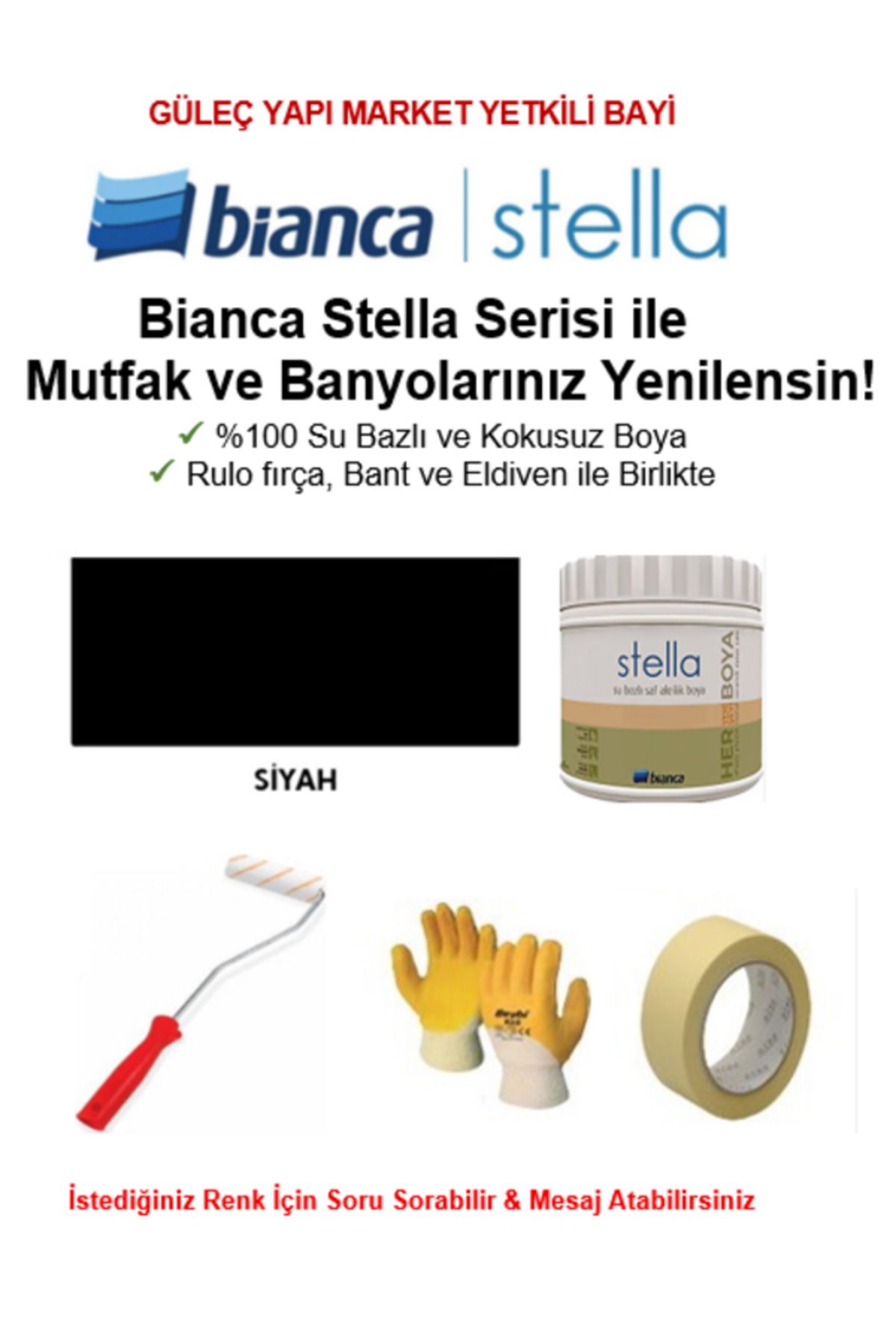 Bianca Stella Su Bazlı Saf Akrilik BOYA ( 0,5Lt Boya + Rulo fırça, Kağıt Bant ve Eldiven İle Birlikte)