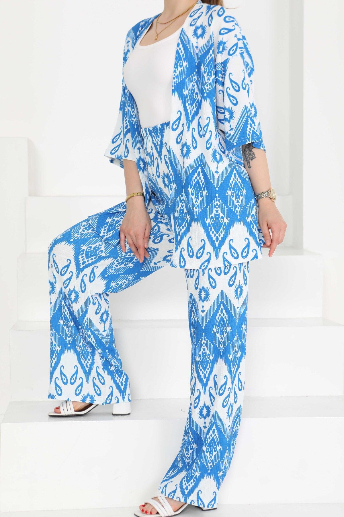 TOFİSA Desenli Kimono Takım Mavi - 27286