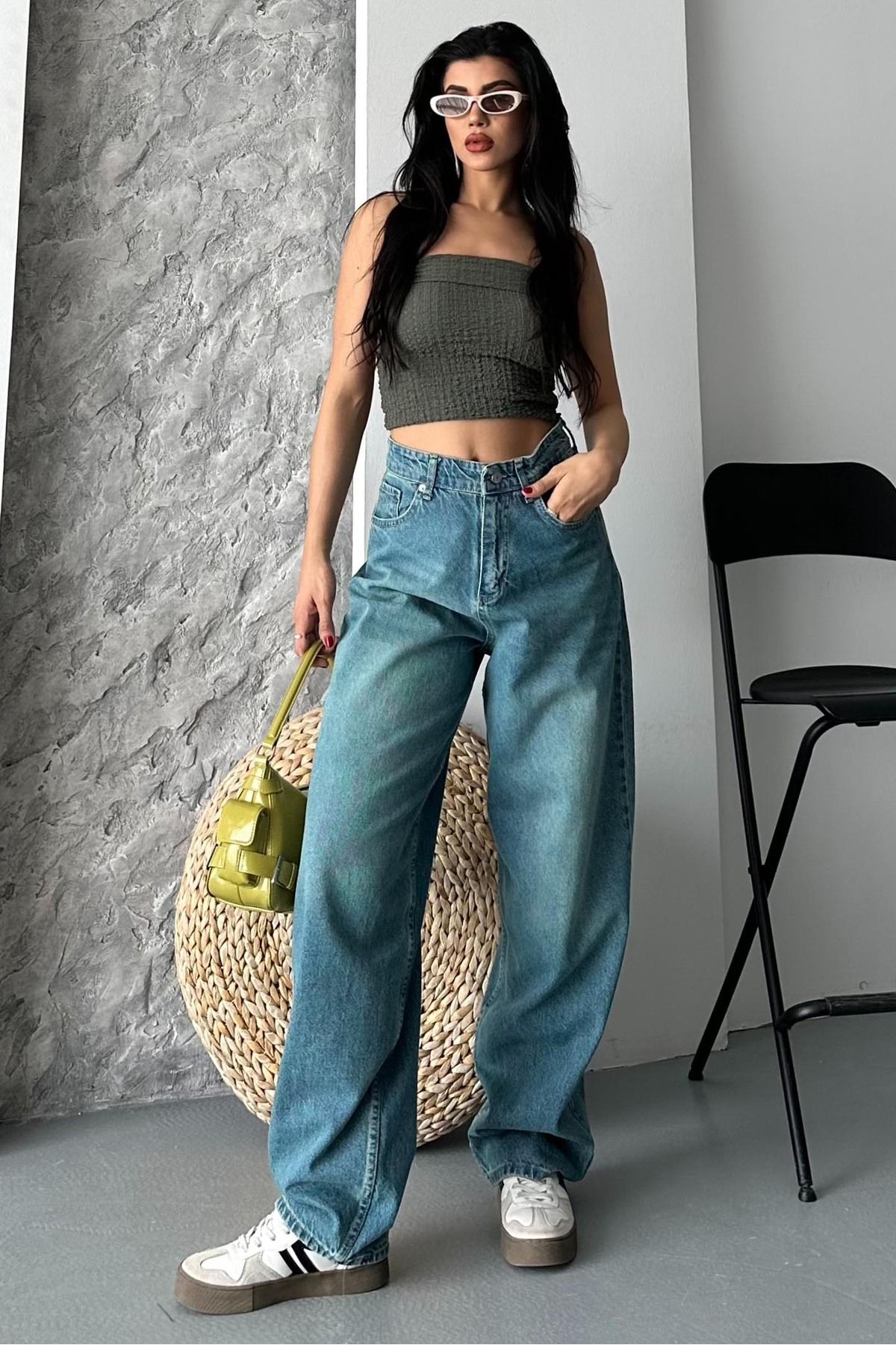 TOFİSA Taş Bıyık Baggy Kot Pantolon Yeşil Tint Yikama - 27270