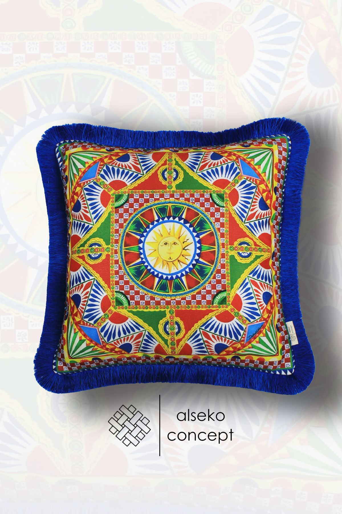 Alseko Concept Saks Püsküllü, Milano Desen Dekoratif 43x43cm Kare Kırlent Kılıfı