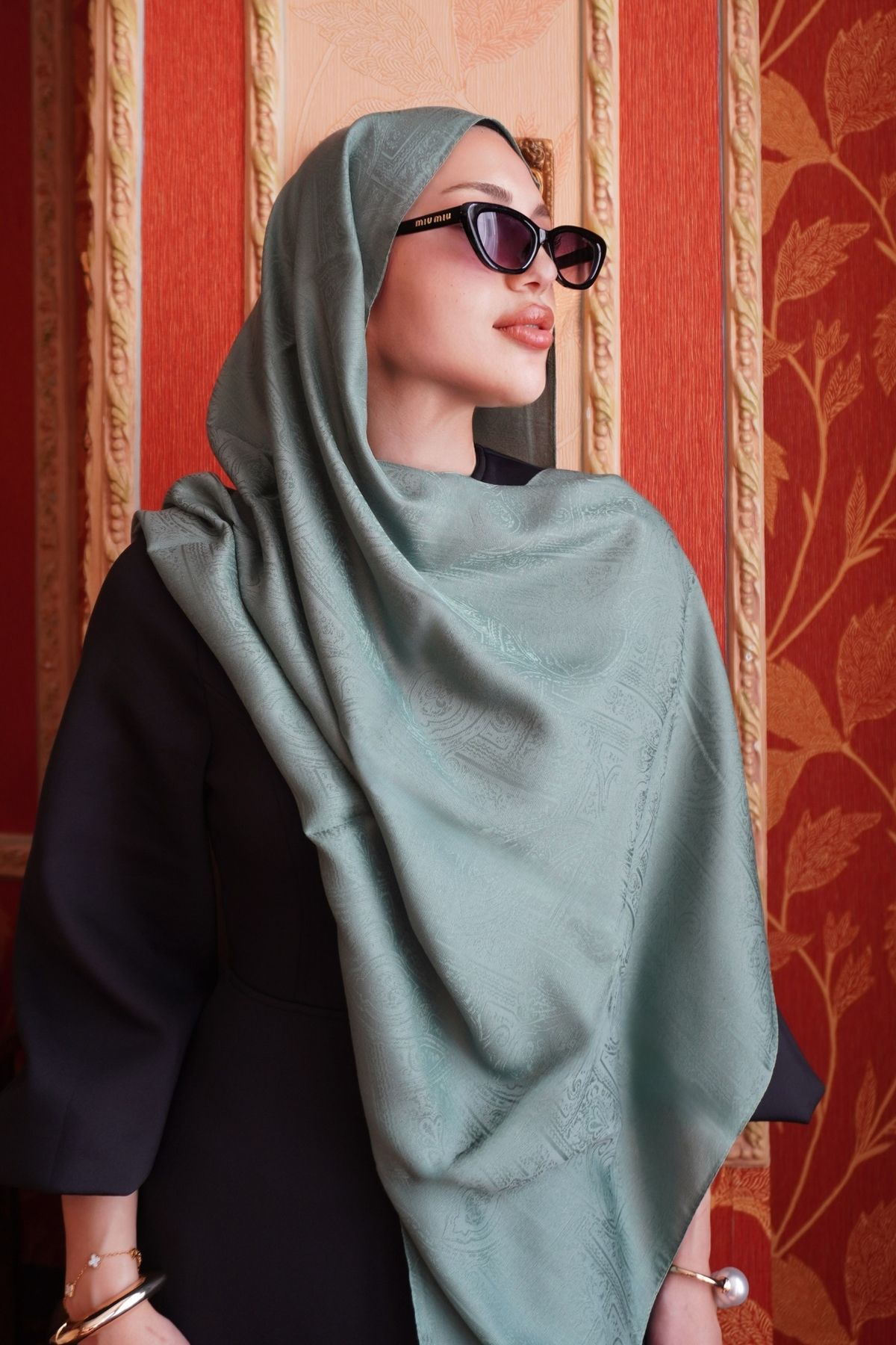 A/F fezah prive Etnik Monogram Desen Şal Soft Yeşil