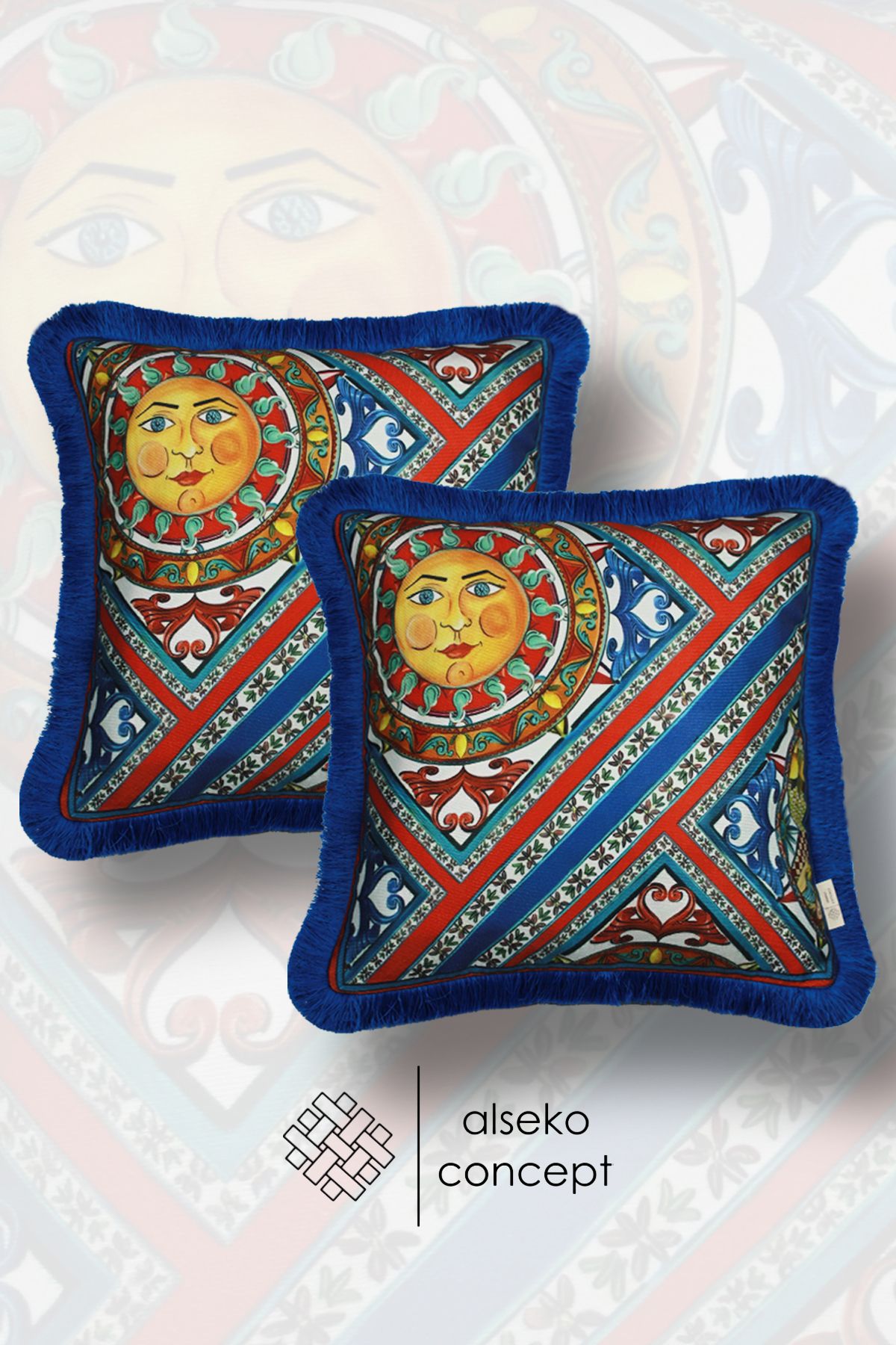 Alseko Concept Saks Püsküllü, Milano 002 Desen Dekoratif 2 ADET 43x43cm Kare Kırlent Kılıfı