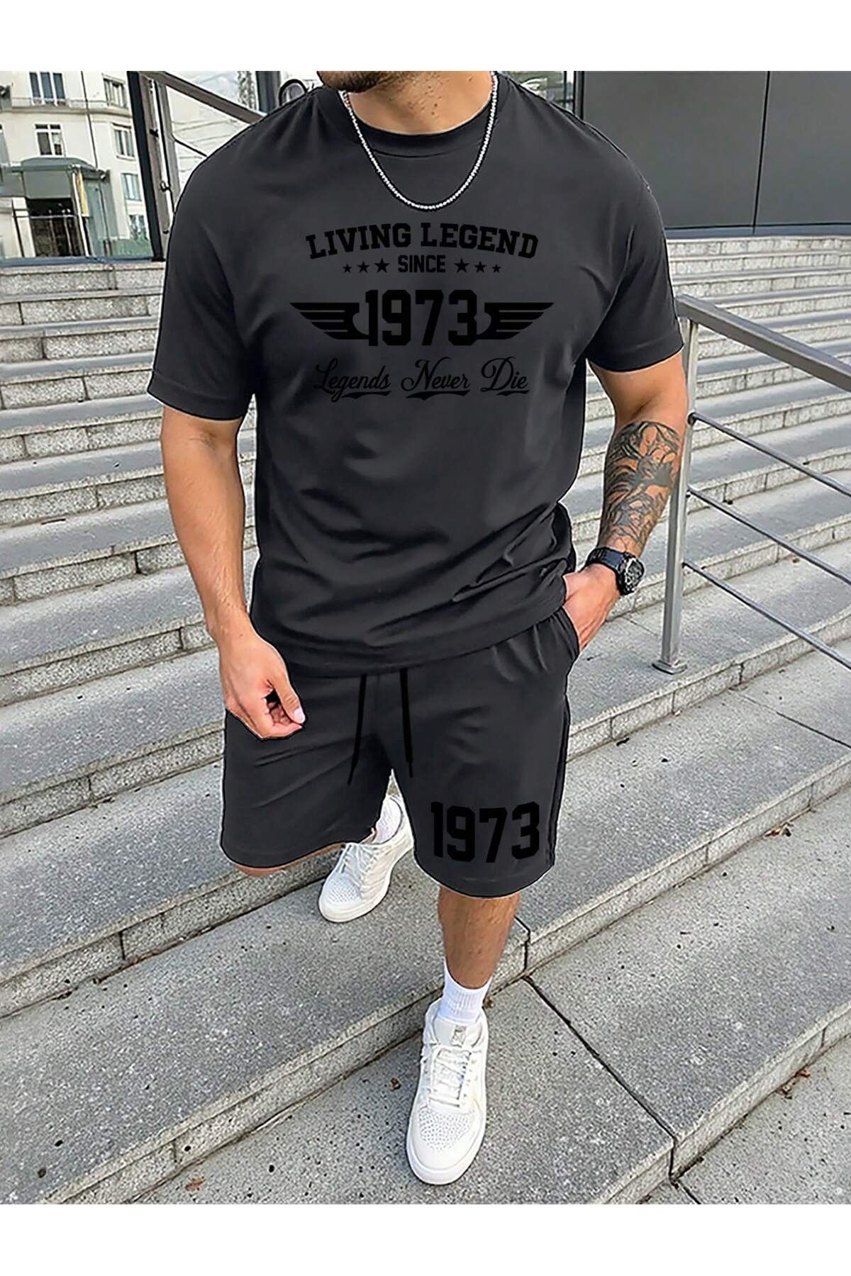 ACTIVE MODA - ERKEK KISA KOLLU TSHIRT-ŞORT 2Lİ TAKIM BASKILI PAMUKLU
