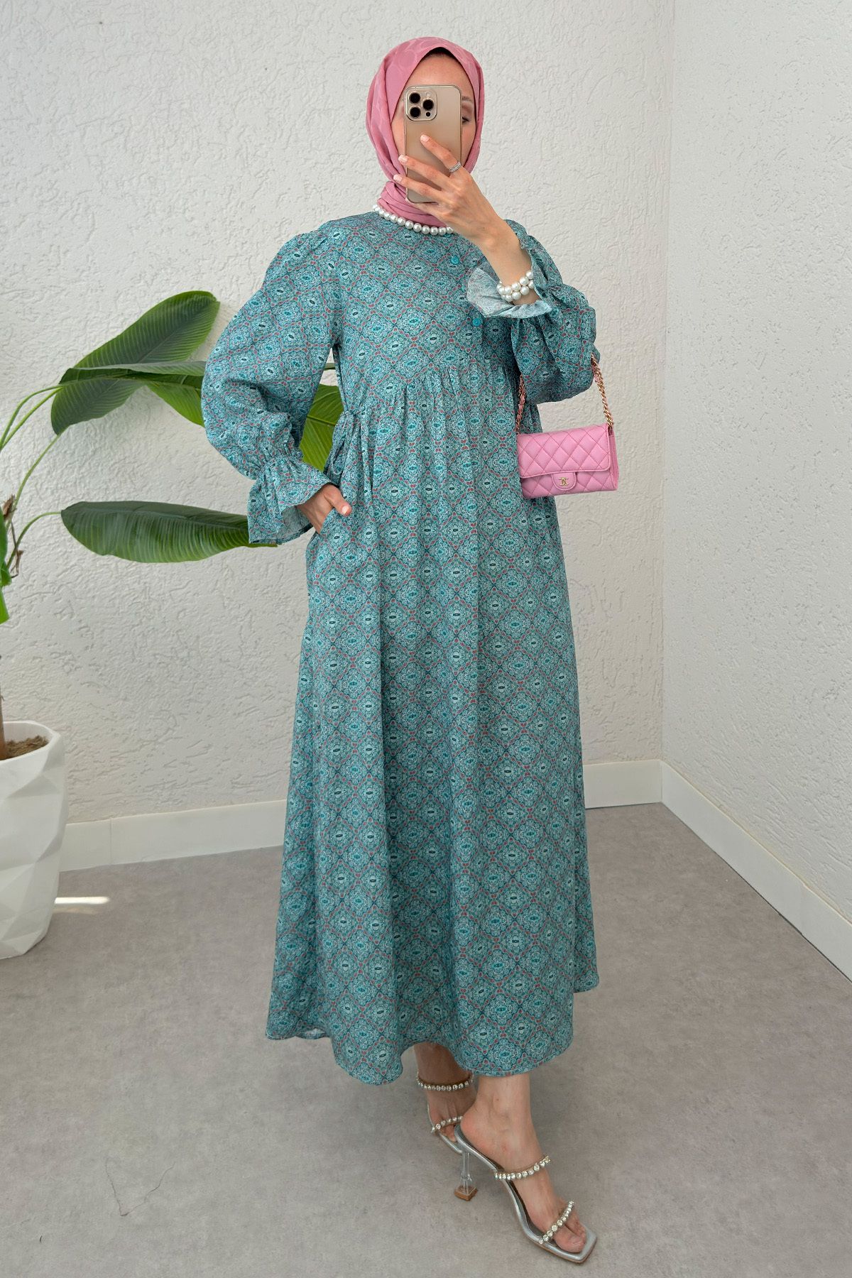 Salih Çelebi-Μοτίβο Mandala Φόρεμα Hijab 2328 - MINT GREEN 3