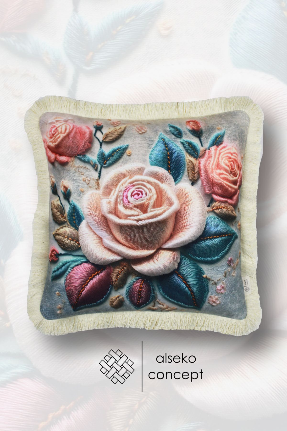 Alseko Concept Krem Püsküllü, 3D Pink Rose Desen Dekoratif 43x43cm Kare Kırlent Kılıfı