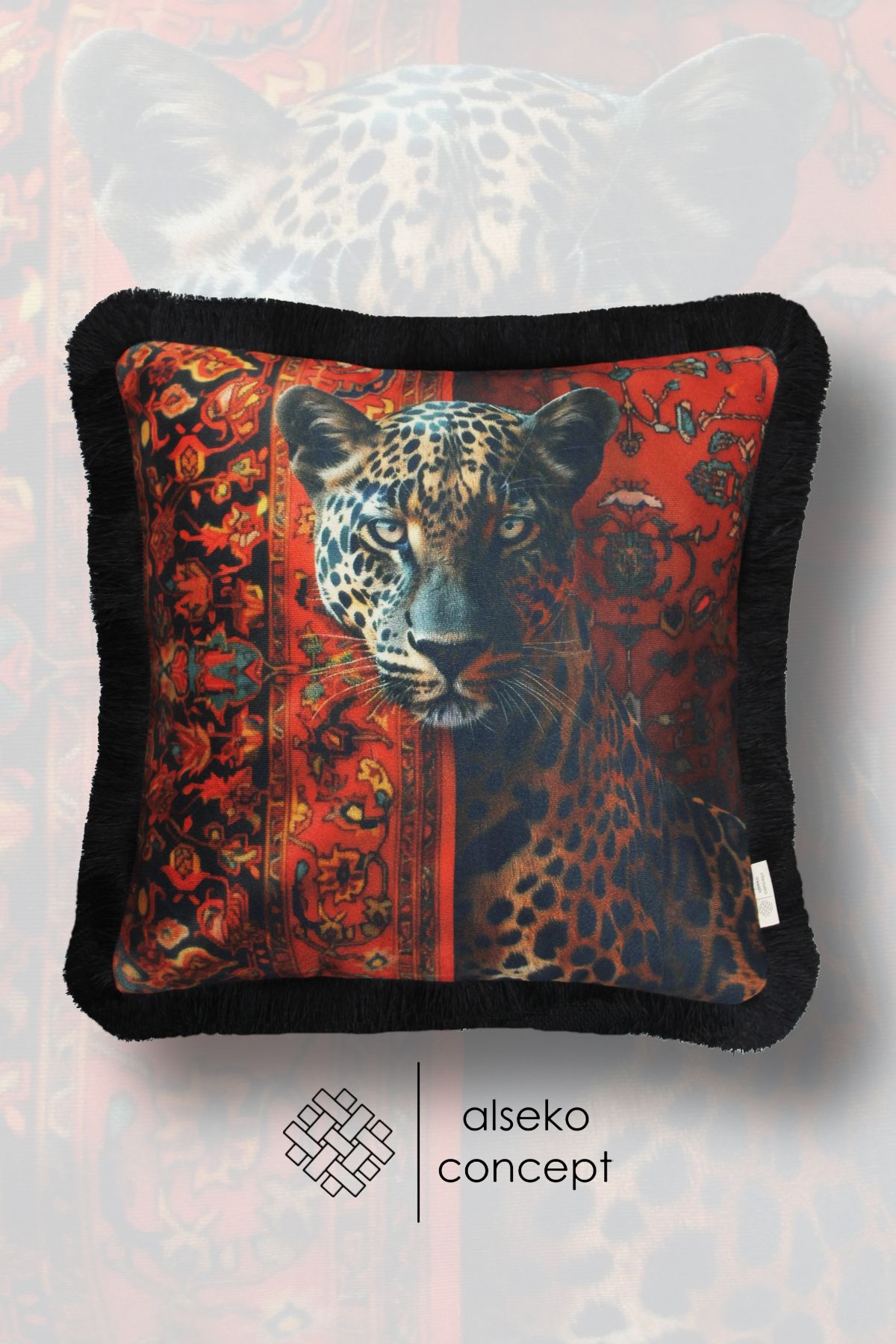 Alseko Concept Siyah Püsküllü, Pars Desen Dekoratif 43x43cm Kare Kırlent Kılıfı