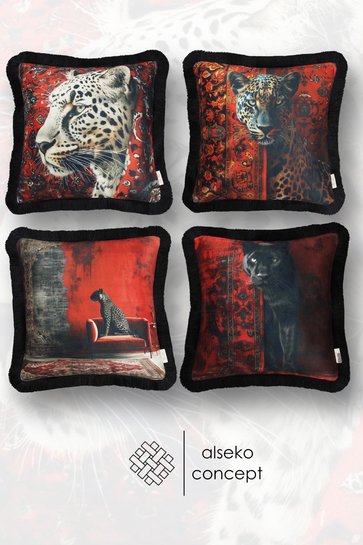 Alseko Concept Siyah Püsküllü, Leopard Series Desen Dekoratif 43x43cm Kare Kırlent Kılıfı
