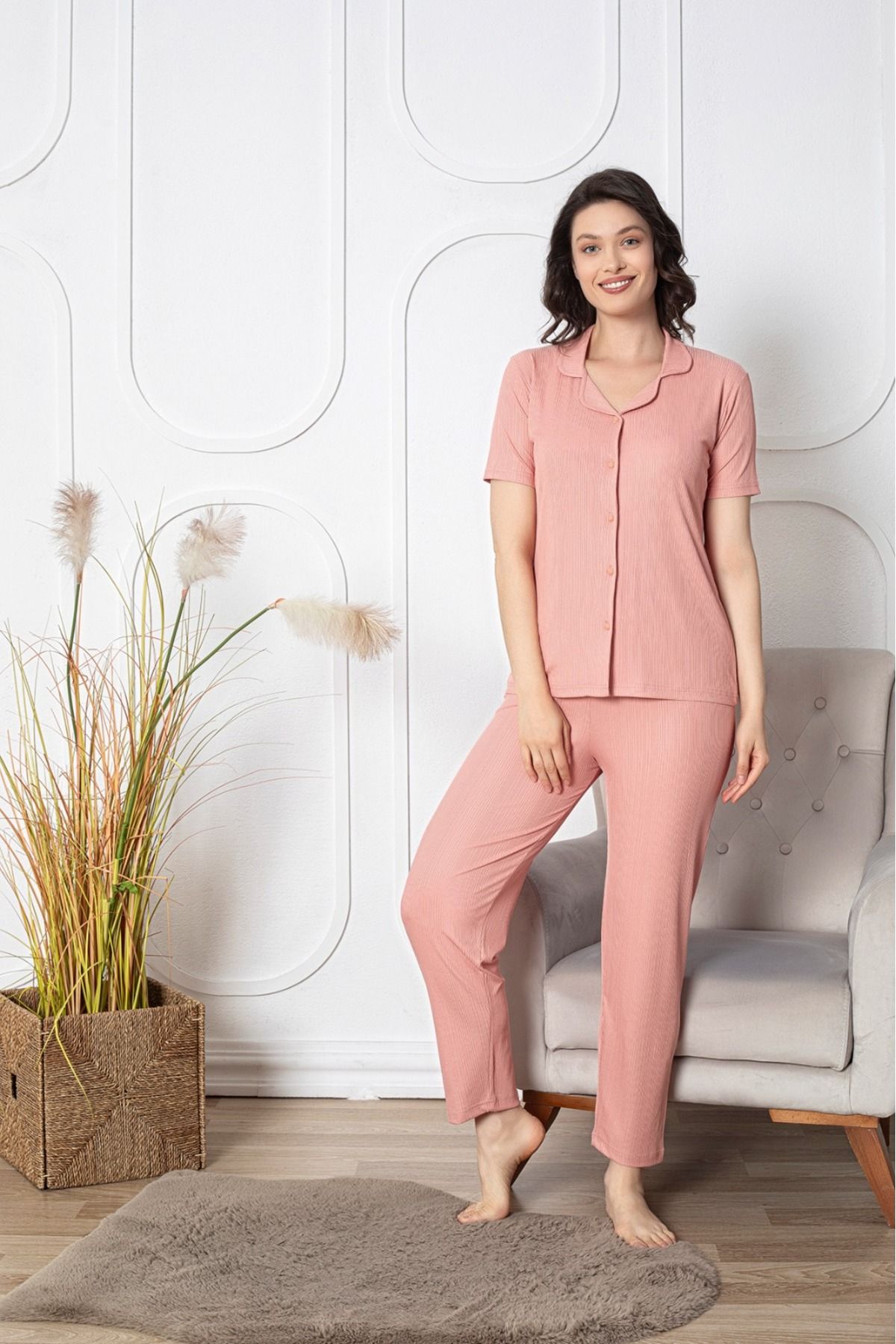 Asel Kısa Kollu Boydan Düğmeli Likralı Pegasus Pijama Takımı