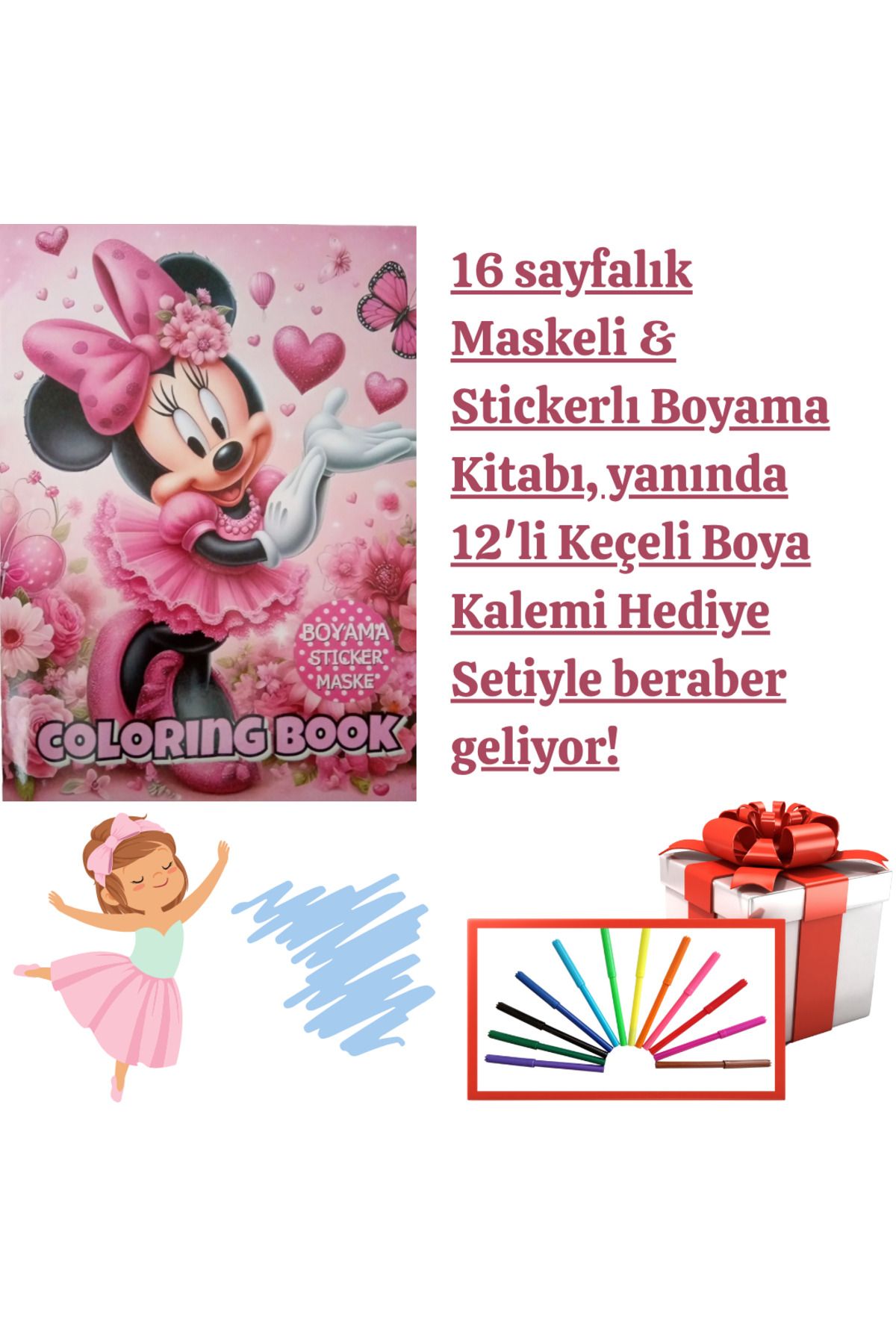 booddie Minnie Mouse Boyama Kitabı Stickerlı (arka Kapak Kesilerek Maskeli ) 12'li Keçeli Boya Kalem Seti
