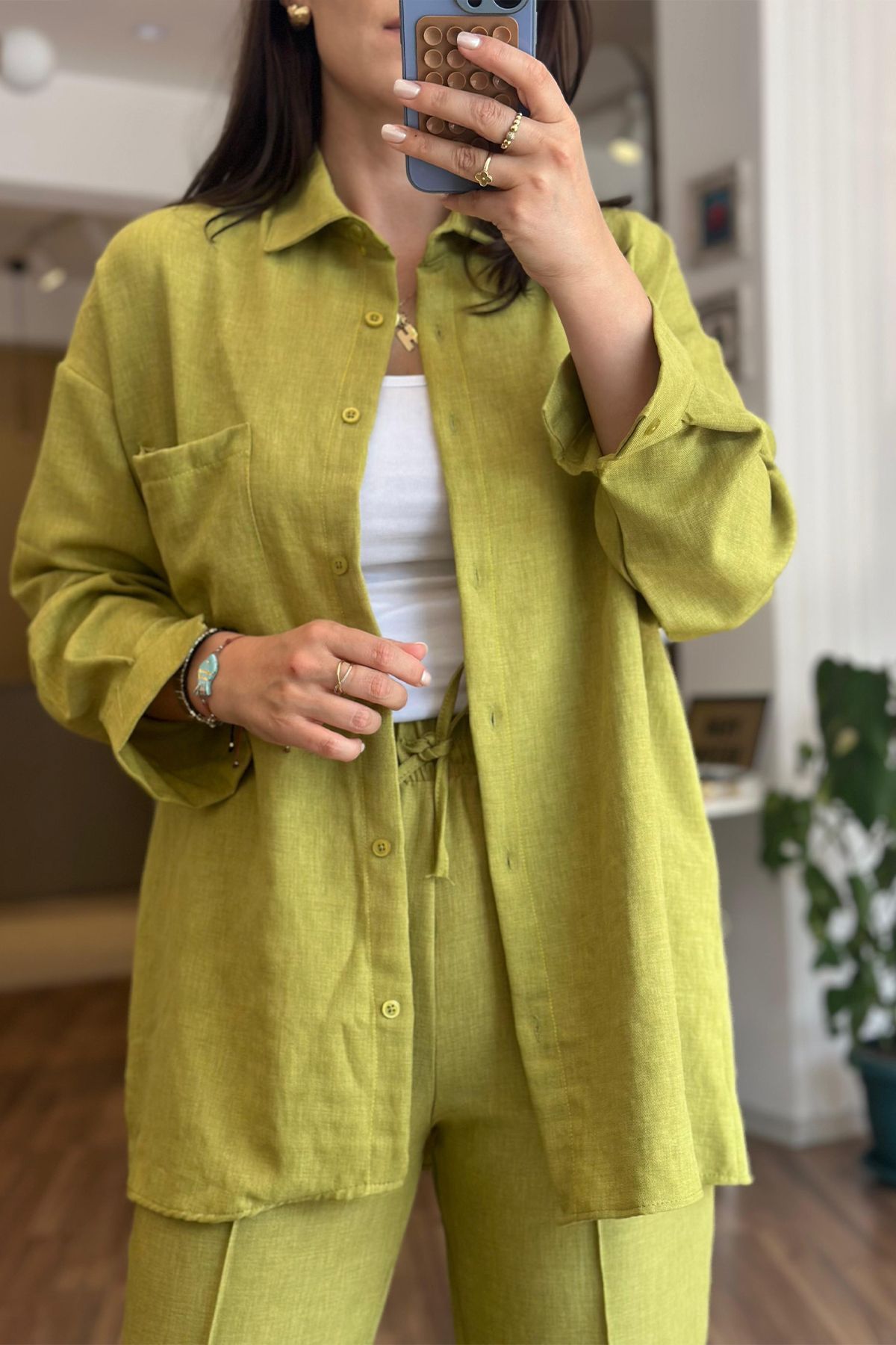 Unique Boutique Olive Keten Dokulu Alt-Üst Takım