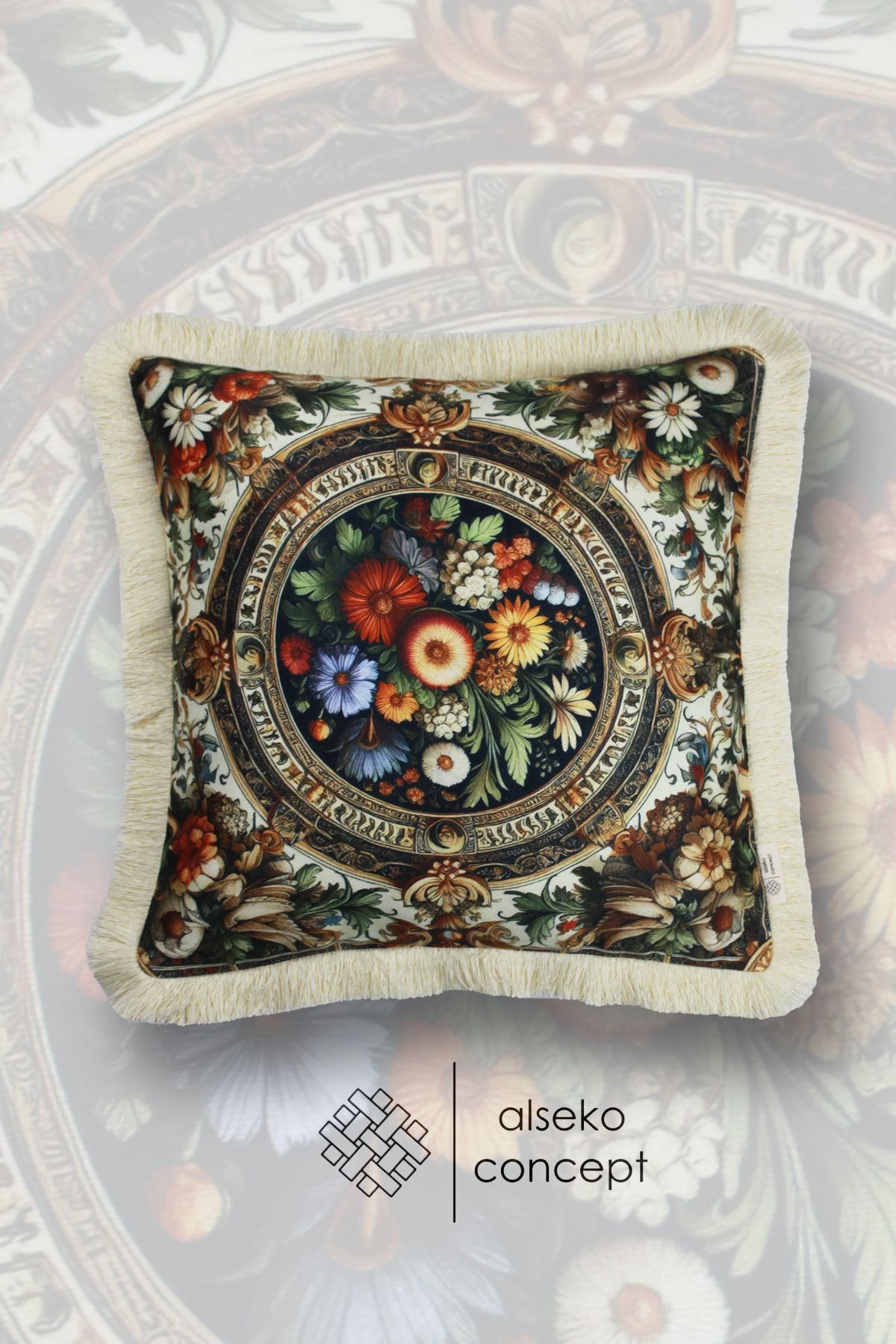 Alseko Concept Krem Püsküllü, Flowers Desen Dekoratif 43x43cm Kare Kırlent Kılıfı