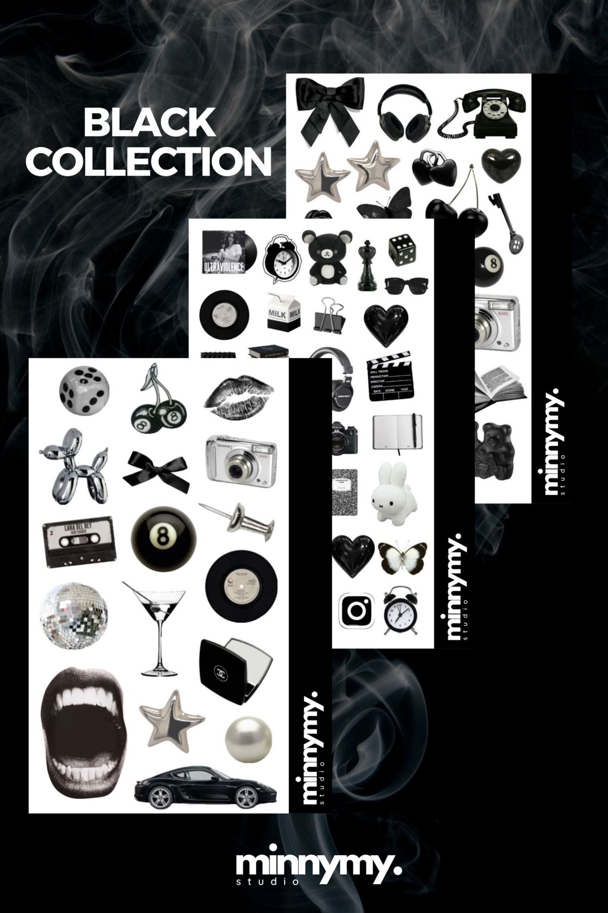 Minnymy 3'lü Black Collection Vintage Sticker Ajanda, Günlük, Planlayıcı, Bullet Journal, Scrapbook