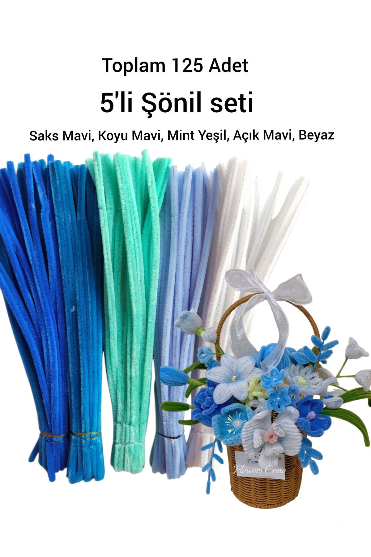 Butik 125 Adet 5'li Mavi Tonları Şönil Seti (Saks Mavi,Koyu Mavi,Mint Yeşili,Açık Mavi, Beyaz)