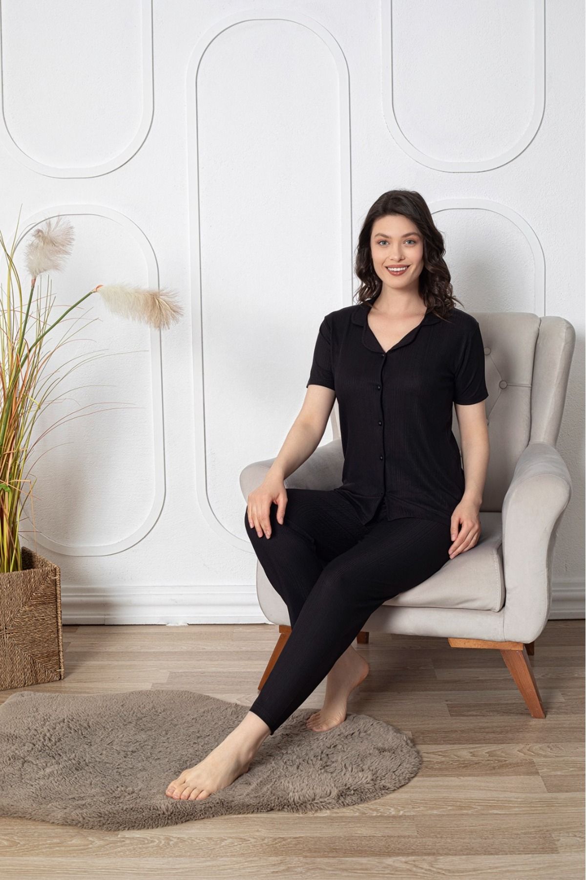 Asel-Short Sleeve Buttoned Lycra Pegasus Pajama Set 2