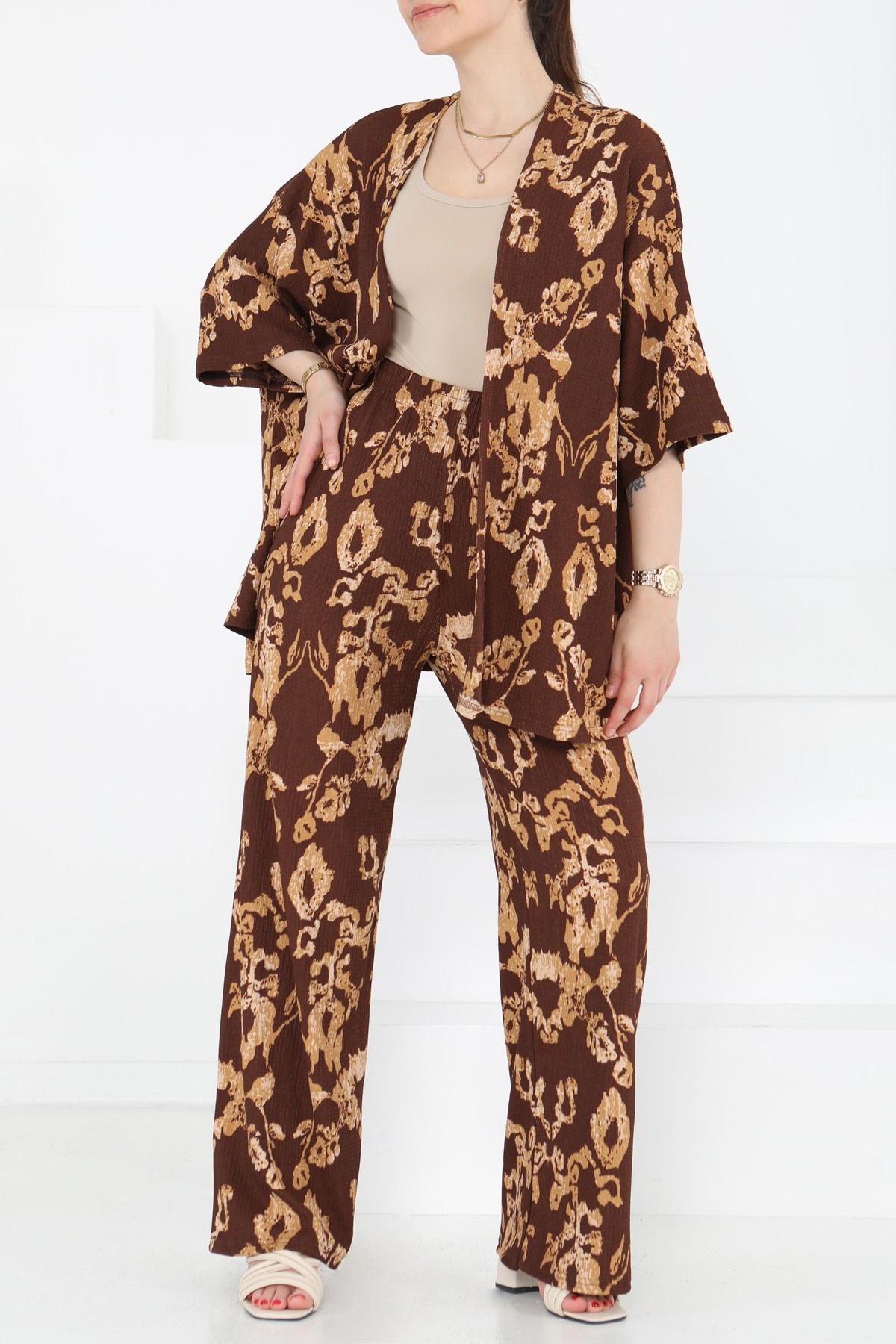 TOFİSA Desenli Kimono Takım Kahve - 27287