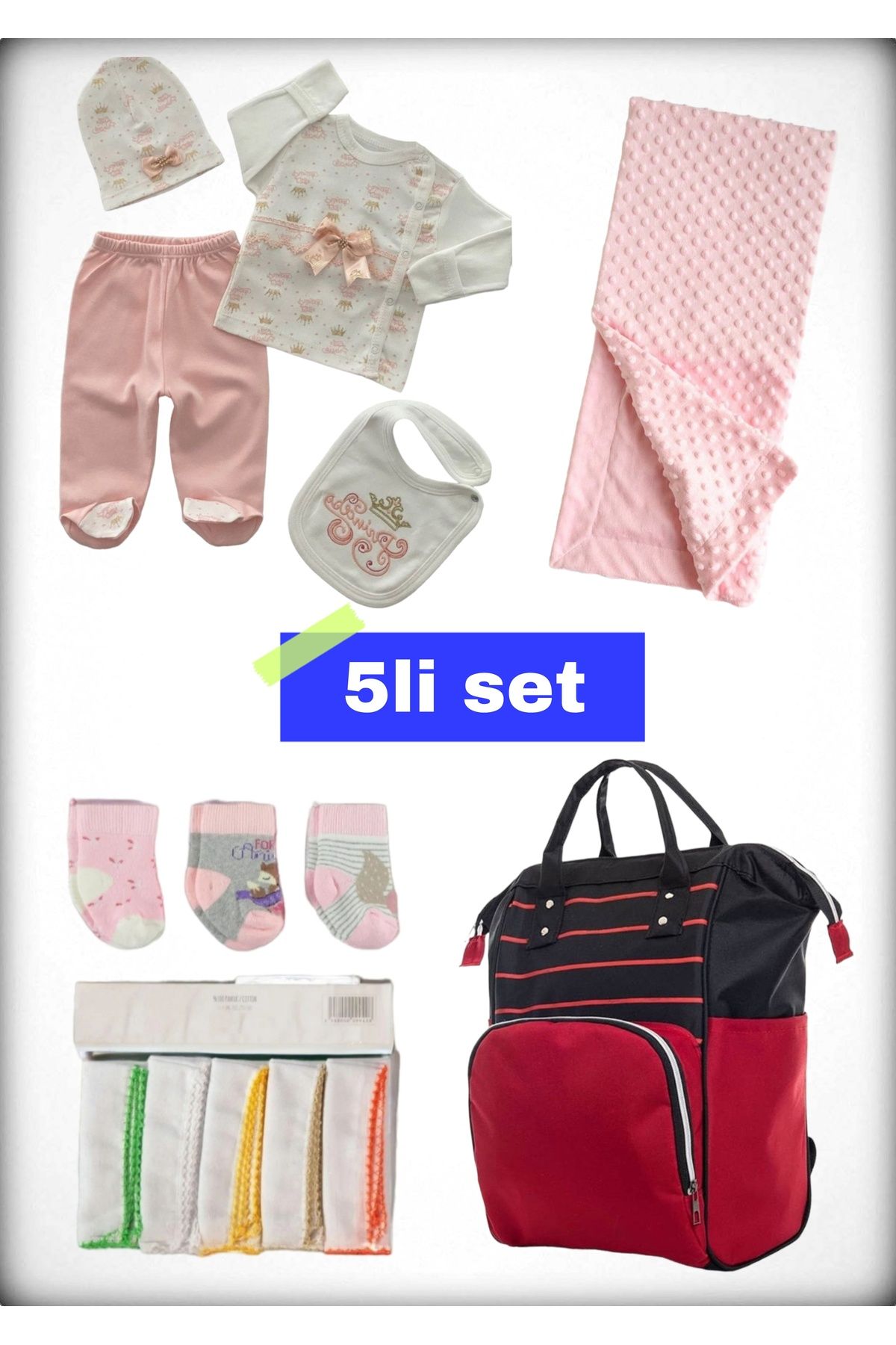 Avşar Baby 5 li Doğum Seti (Anne Bebek Çantası Hastane Çıkışı Battaniye 10 Lu Mendil Ve 3 Lü Çorap)