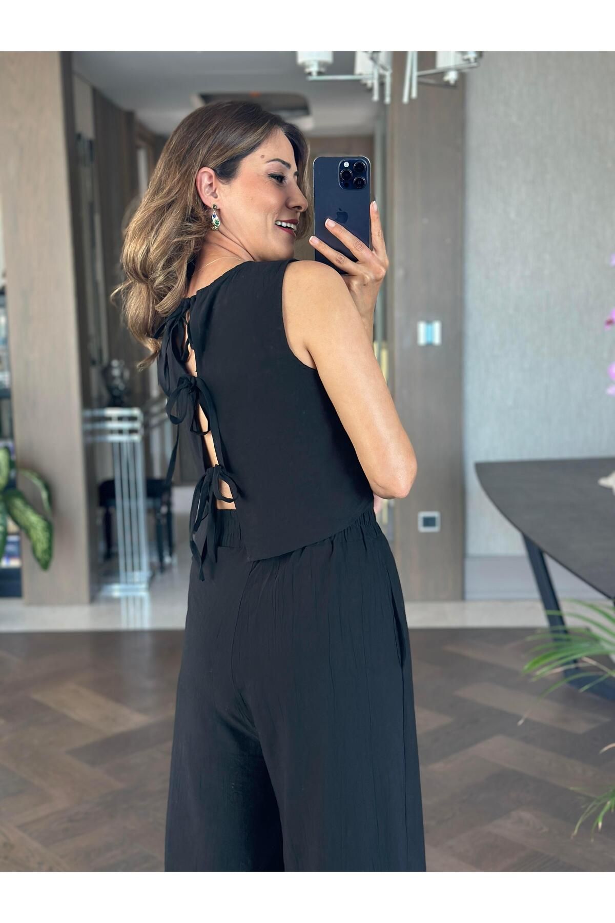 Forlady Butik Siyah Sıfır Kol Arkası Bağcıklı Bluz Pantolon Kadın İkili Takım