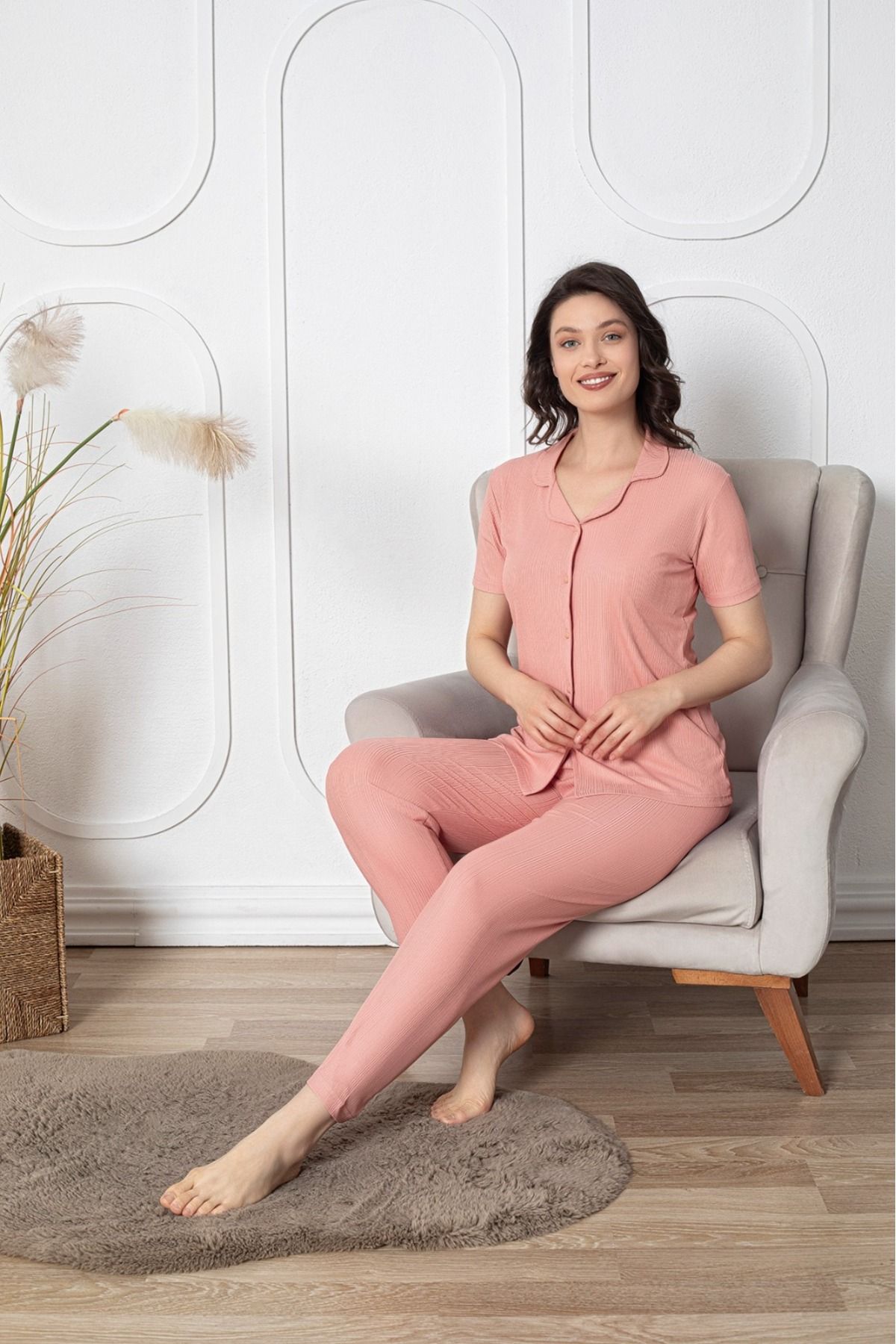 Asel-Short Sleeve Buttoned Lycra Pegasus Pajama Set 2
