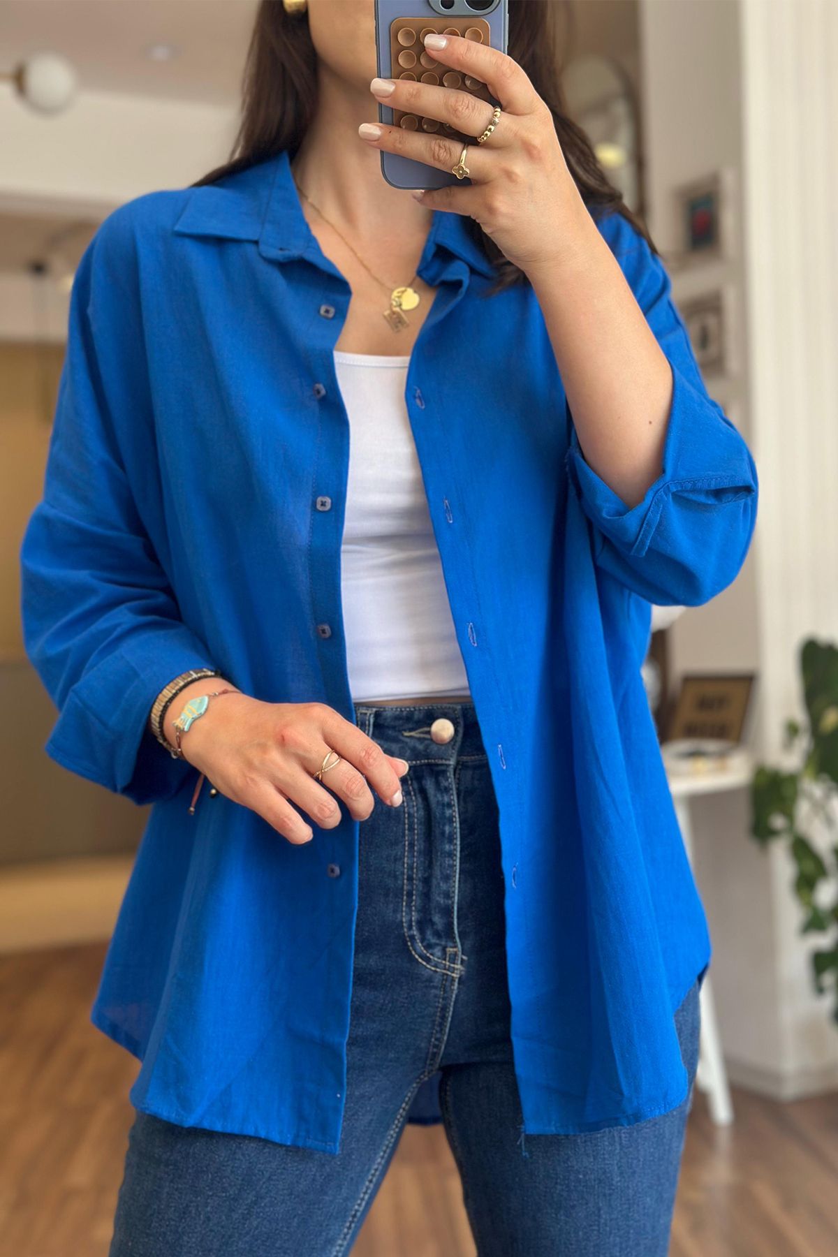 Unique Boutique Koyu Mavi Standart Beden Keten Gömlek