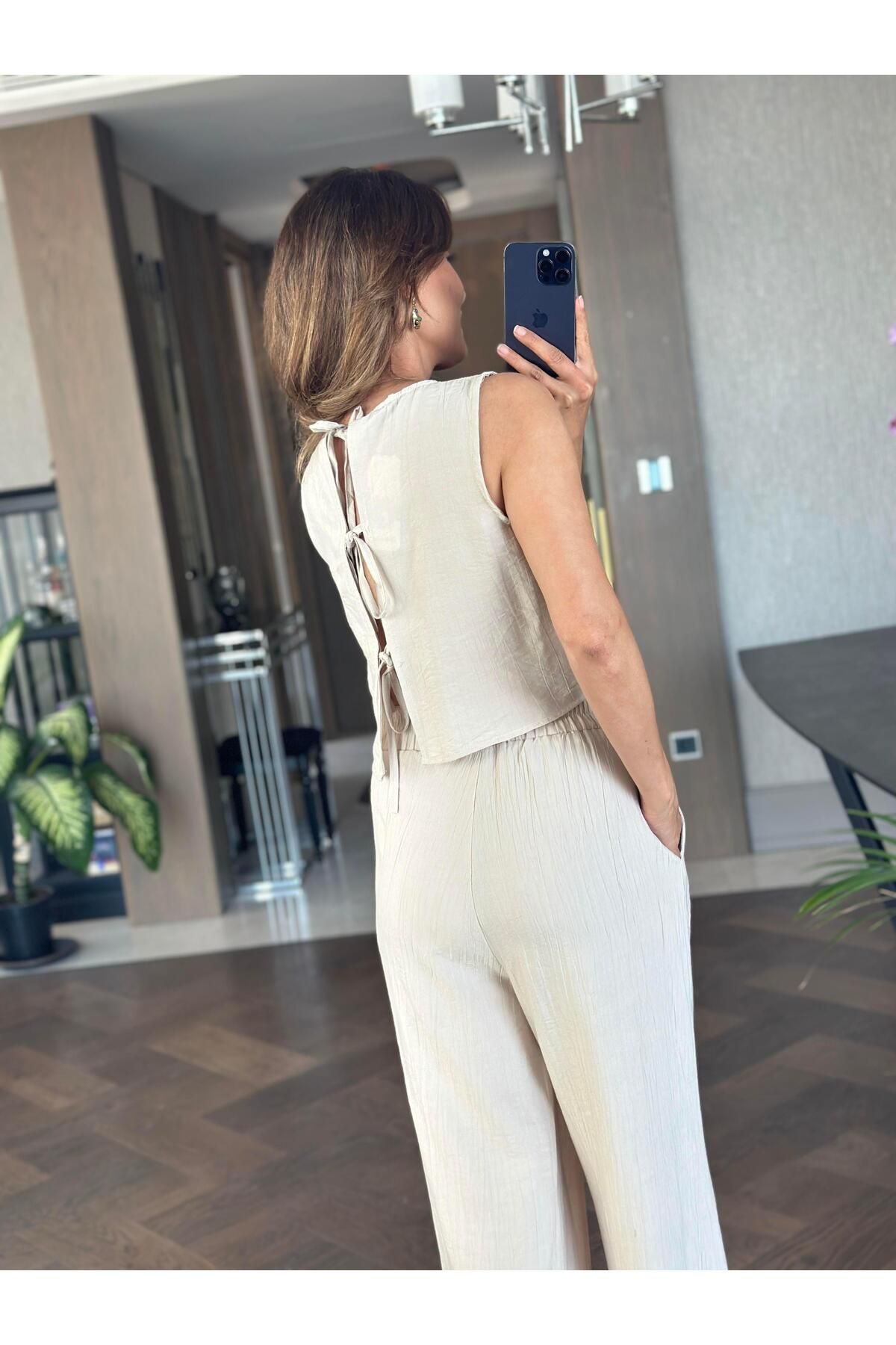 Forlady Butik Taş Sıfır Kol Arkası Bağcıklı Bluz Pantolon Kadın İkili Takım