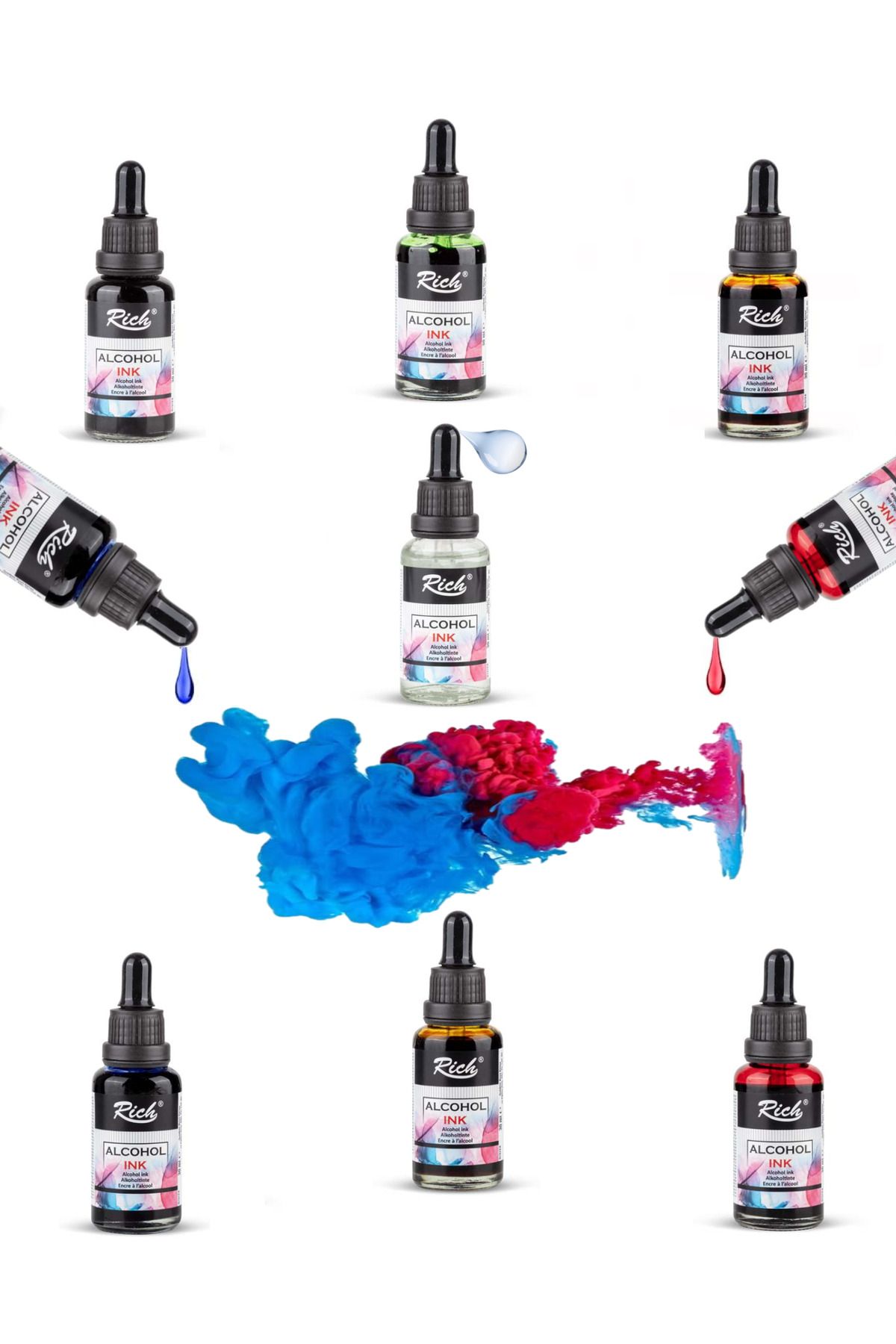 GLANCE Rich Alcohol Ink Alkol Bazlı Mürekkep 30 ml 6'LI Set 1 Adet Çözücü