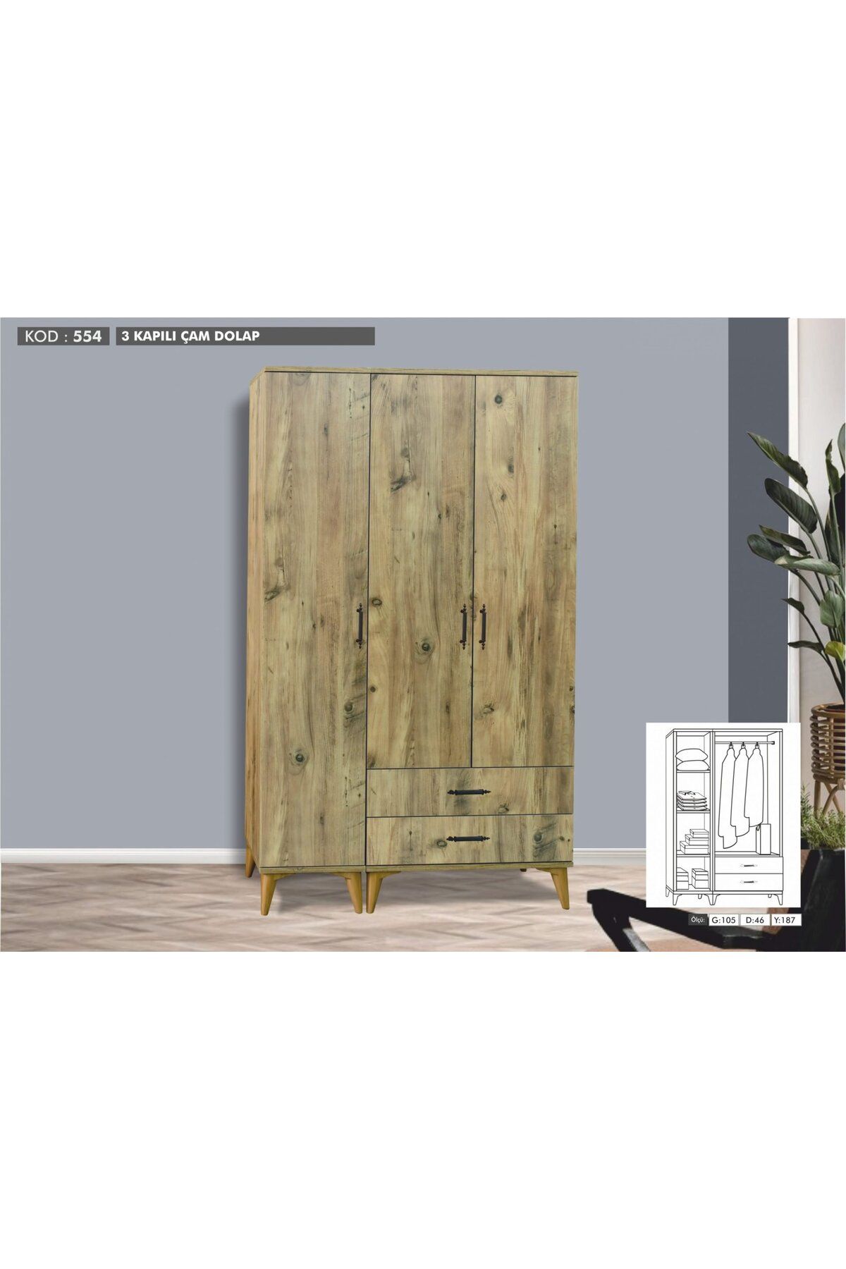 Yuvaset Home 3 KAPILI Çam Dolap