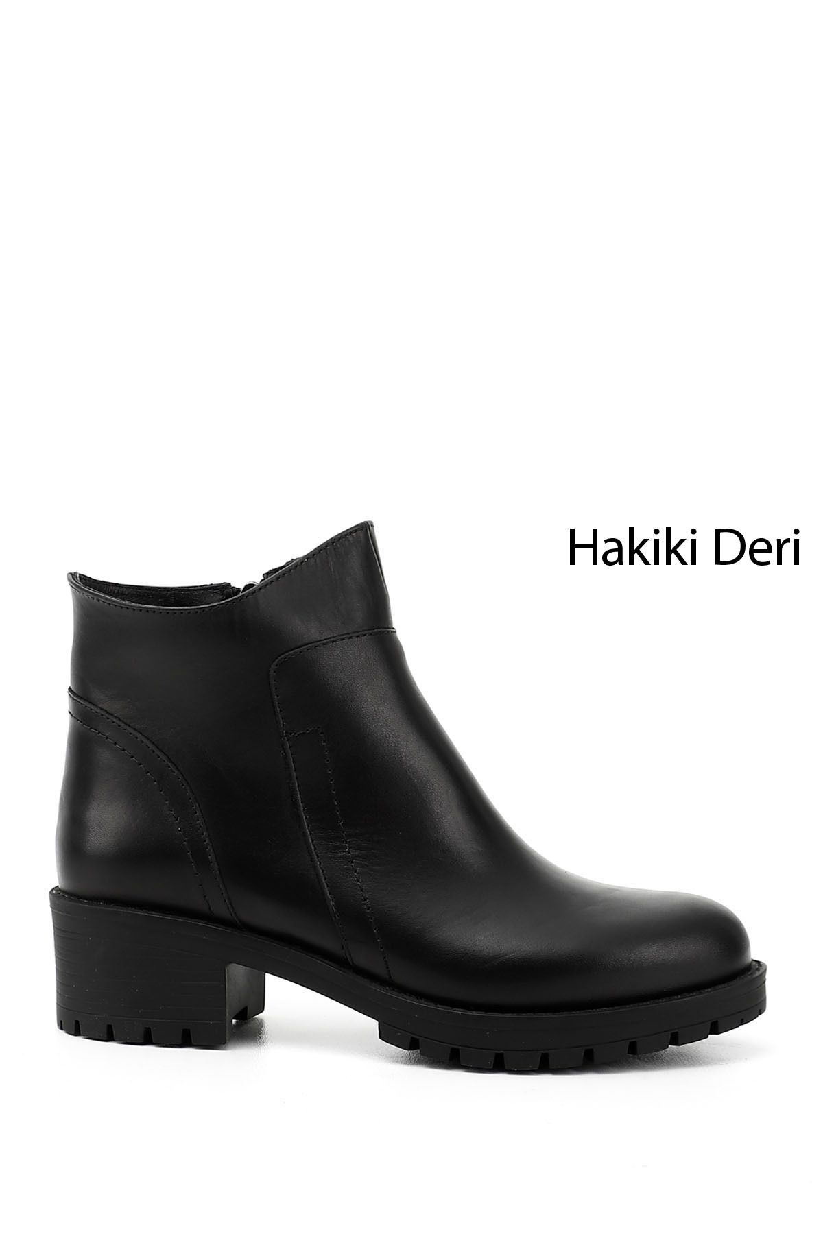 GÖNDERİ(R) Kadın / Kız Siyah Fermuarlı Kalın Topuklu Hakiki Deri Bot