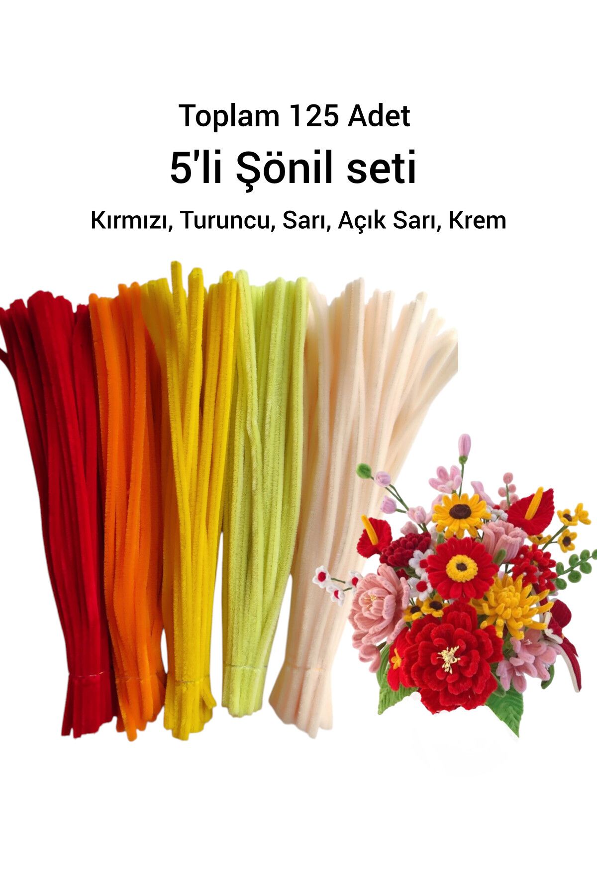 Butik Heryerciceklenir 125 Adet 5'li Kırmızı Tonları Şönil Seti (Kırmızı,Turuncu,Sarı,Açık Sarı,Krem)
