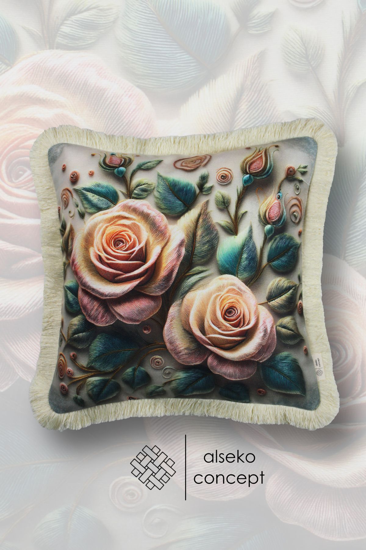 Alseko Concept Krem Püsküllü, 3D Flowers Desen Dekoratif 43x43cm Kare Kırlent Kılıfı