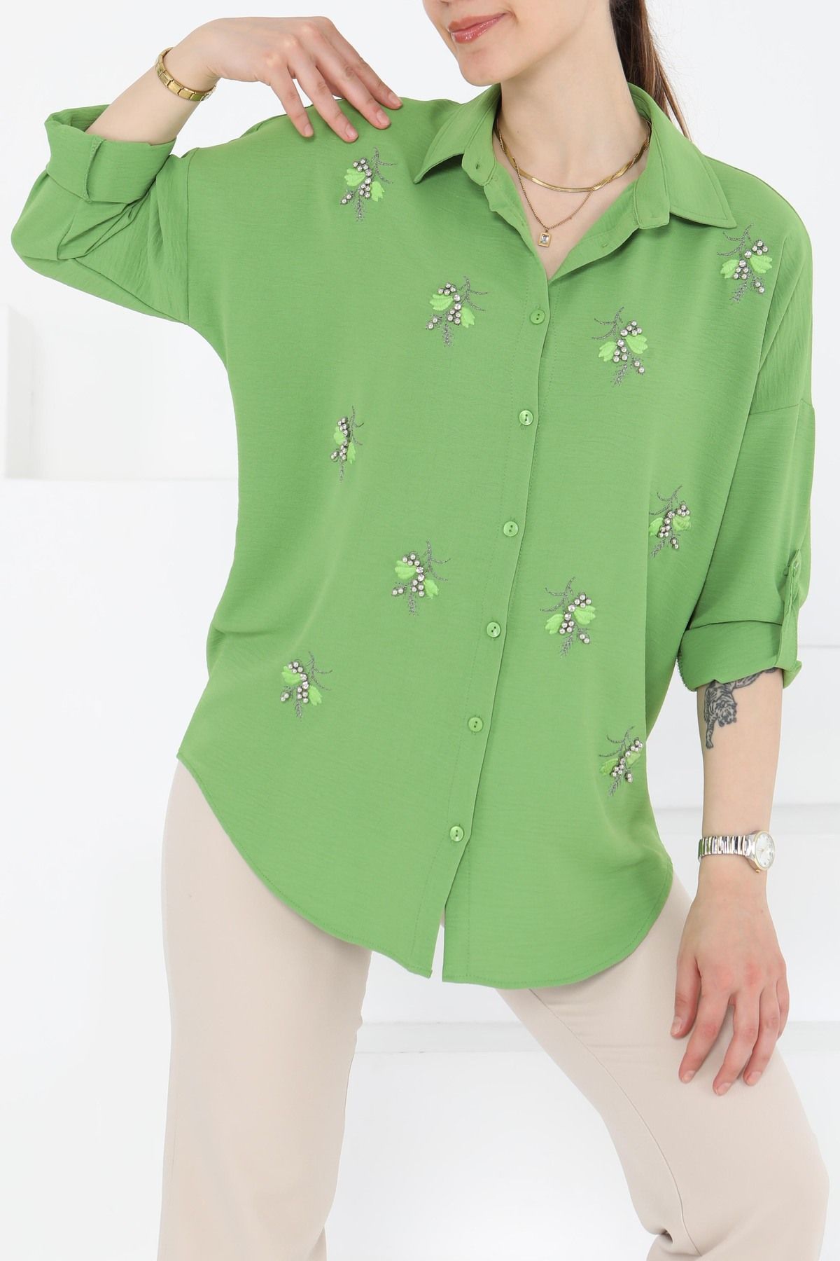 TOFİSA Nakışlı İncili Gömlek Yesil - 27244