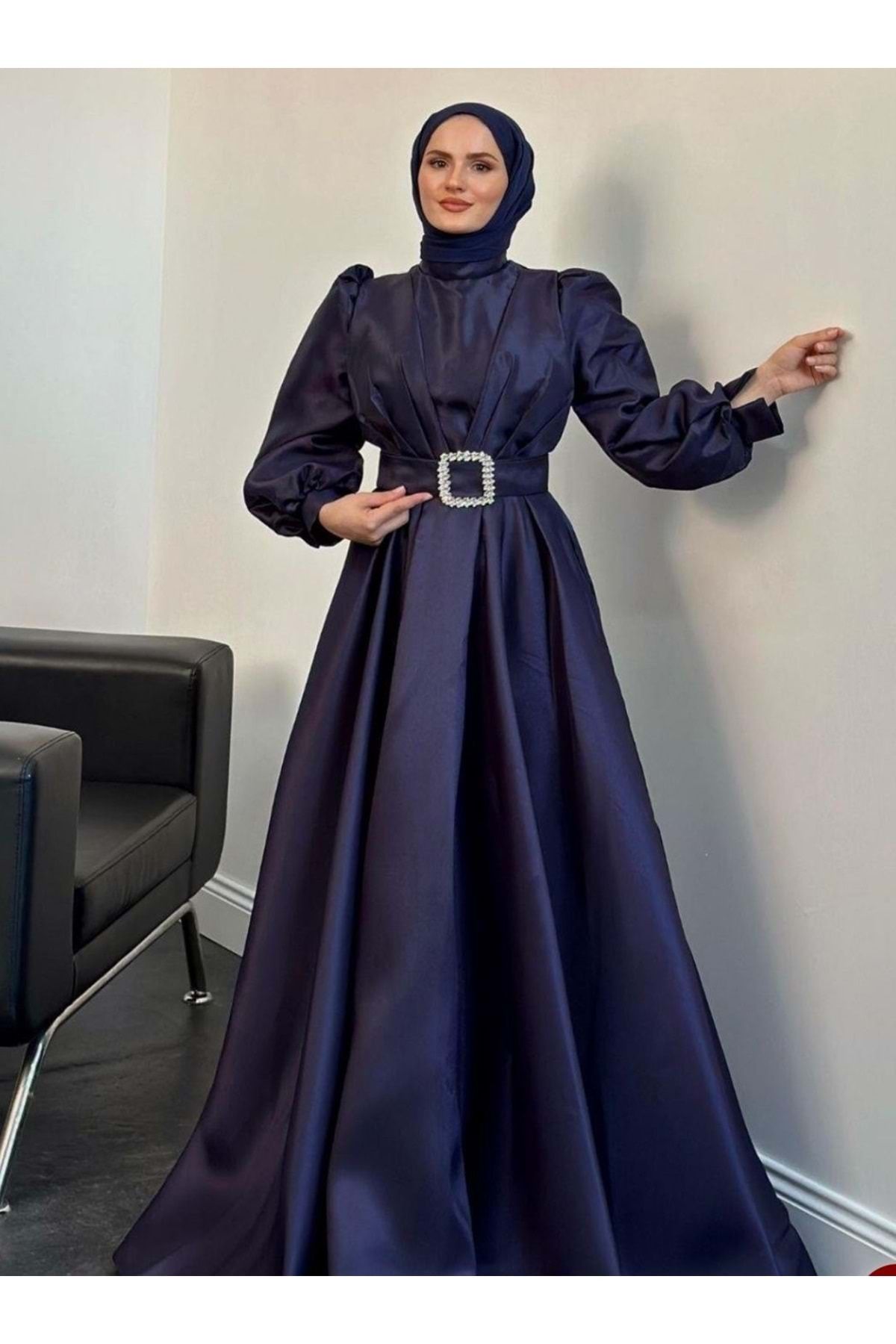 Tane 25Y4529 ELBİSE ABİYE TAFTA KUMAŞ PRENSES MODEL BALON KOL LACI