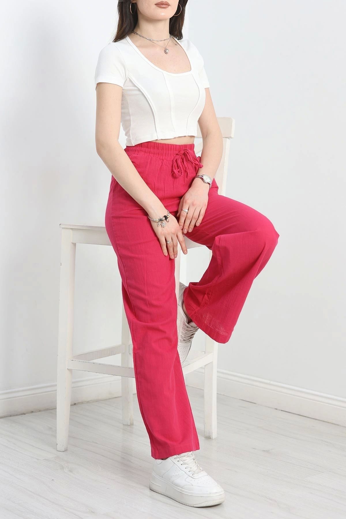 OurStyles Bel Lastikli Keten Pantolon Fuşya - 1593.2031.