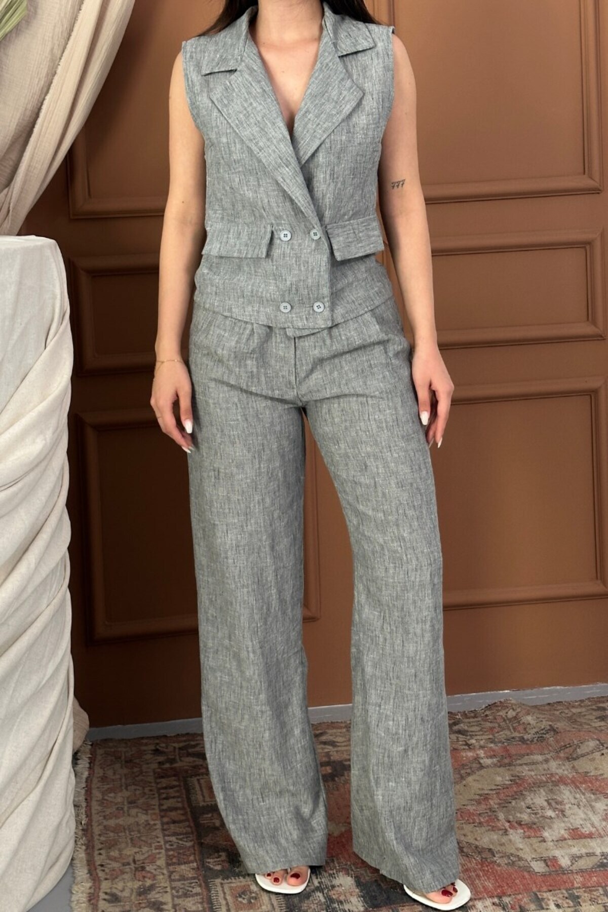 spirituel-Women's Bottom Top Set Linen Button and Pocket Detail Double Breasted Collar Vest Wide Leg Pants Set 6
