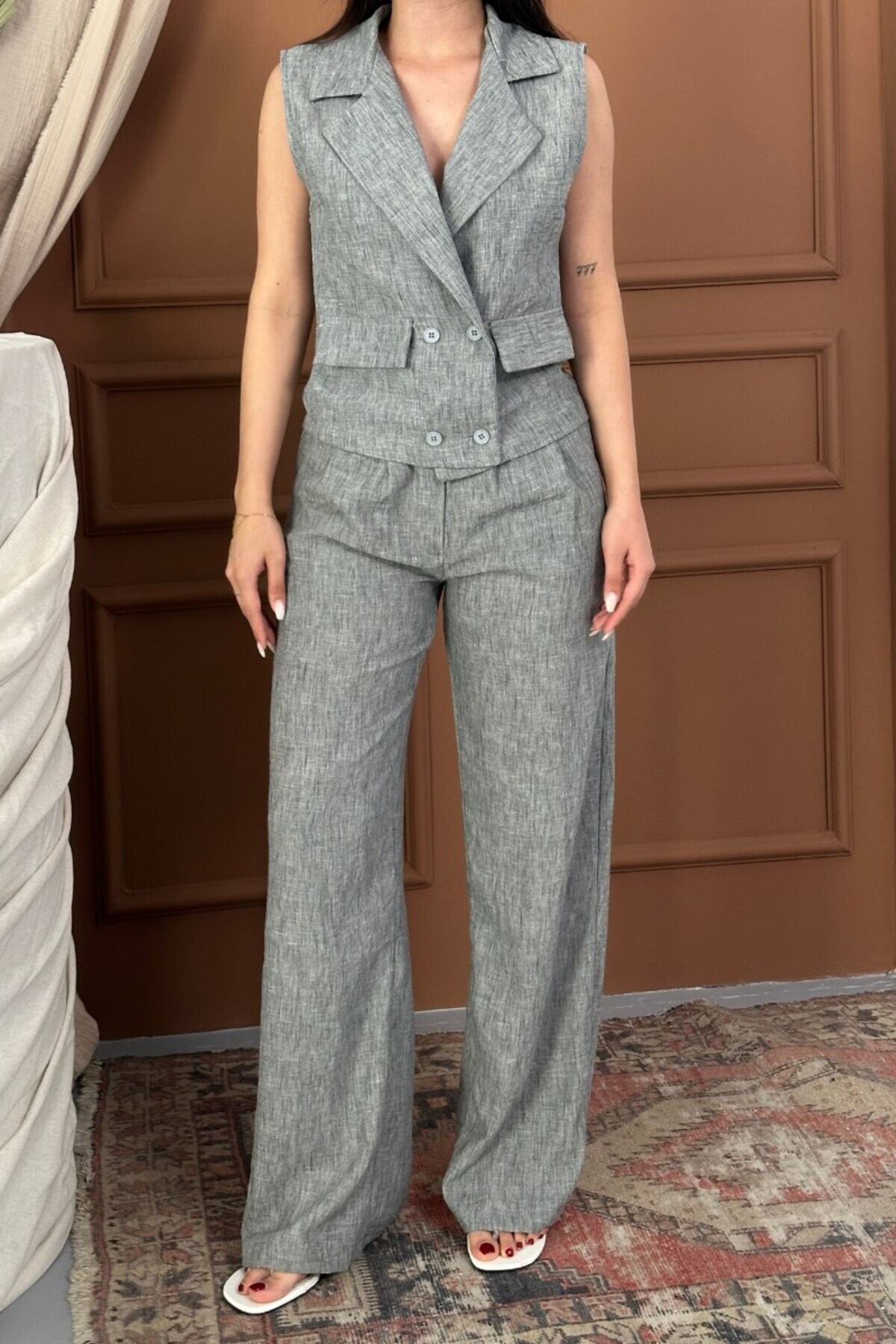 spirituel-Women's Bottom Top Set Linen Button and Pocket Detail Double Breasted Collar Vest Wide Leg Pants Set 7