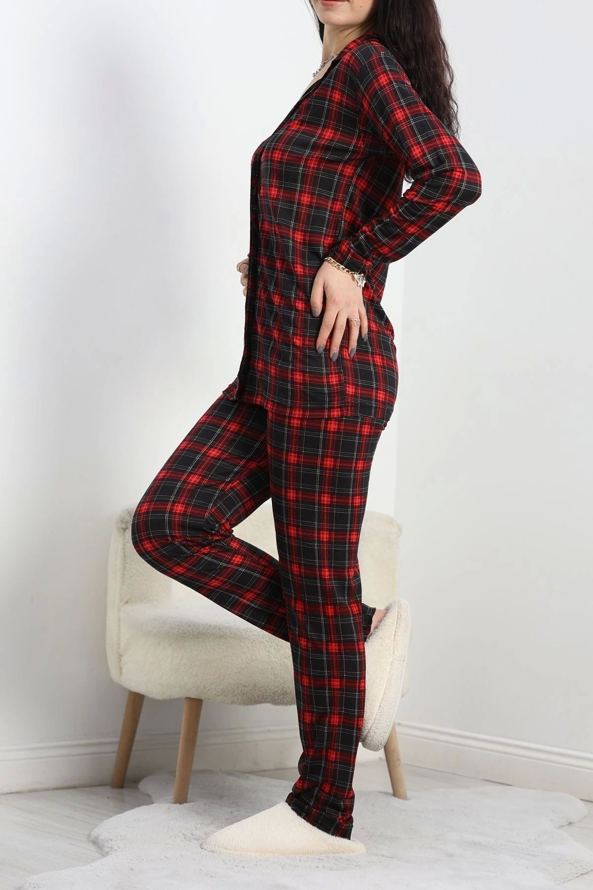 OurStyles Ring Viskon Düğmeli Pijama Takımı Kırmızızümrüt - 50582.1950.