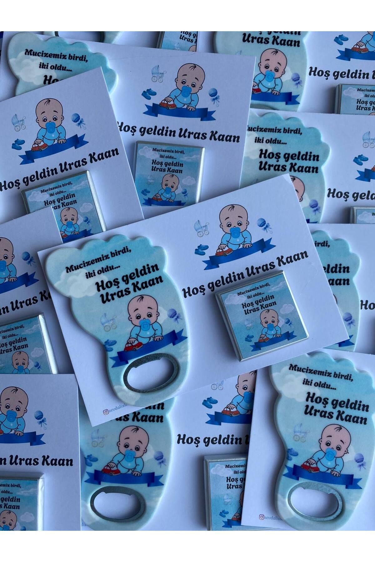 Sevdalı işler 20 adet bebek doğum hediyelik açacak magnet ve madlen çikolata kartlı ve jelatinli