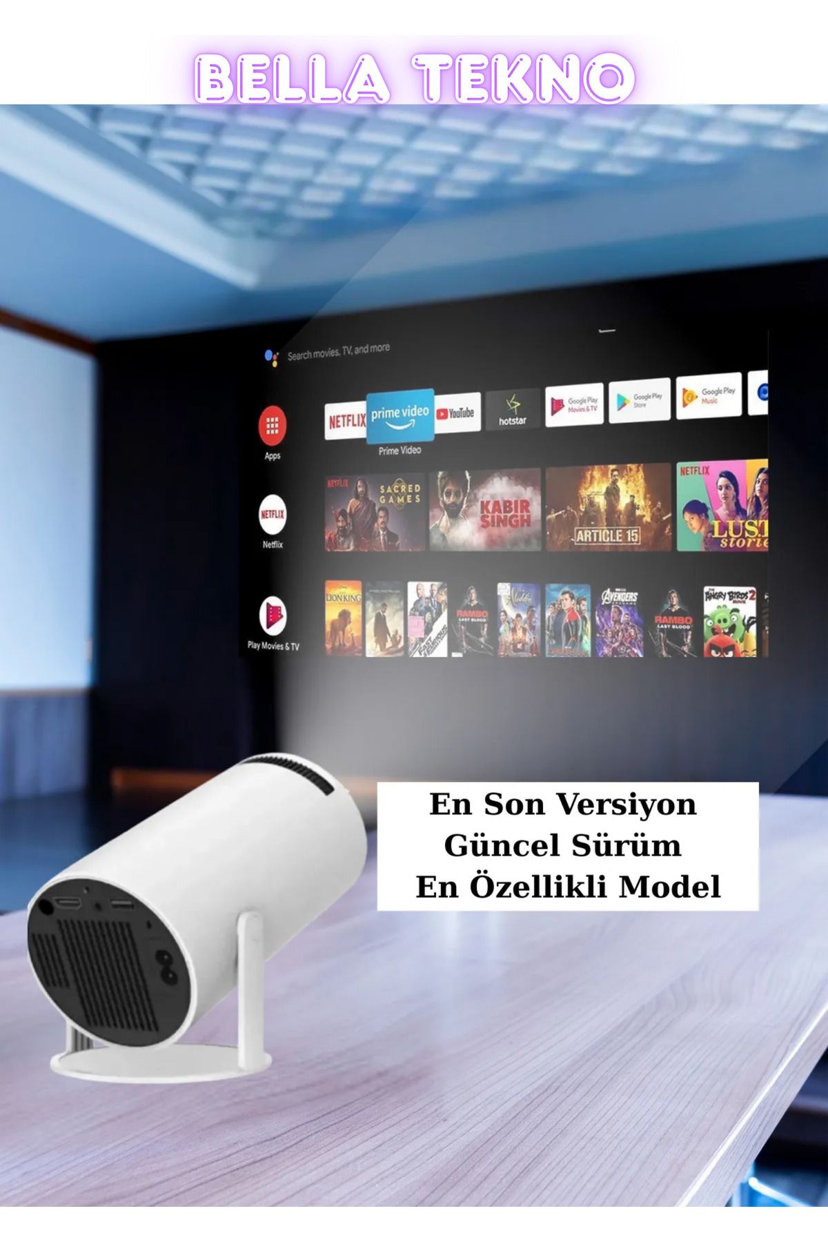 BellaThec Taşınabilir Android Projeksiyon Cihazı | HDMI ve USB Girişli, Dahili Wifi ile Full Bağlantı