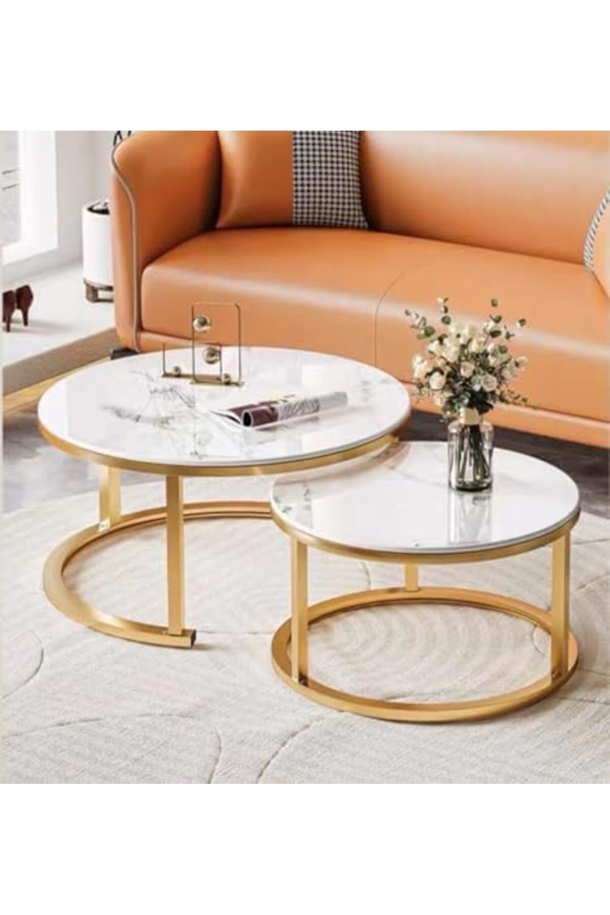 Generic-Modern Nesting Coffee Table Set of 2 Wooden Side Table Minimalist Round Nesting Table Sturdy Steel F 9