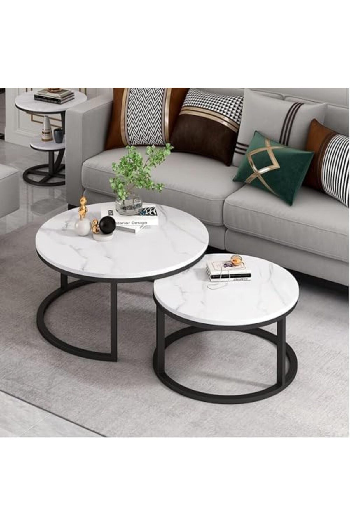 Generic-Set of 2 Round Nesting Coffee Tables – Sofa Side End Tables for Living Room – Stylish Marble Top 3