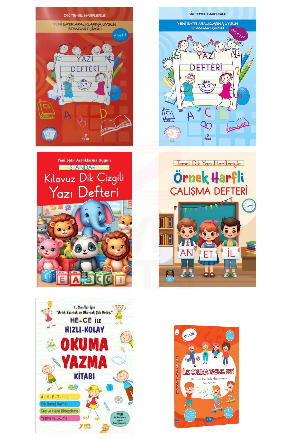 Yuva Yayınları 1.Sınıf Dik Temel Harflerle Okumaya İlk Adım Seti Anetil-Hece Kitabı ve Güzel Yazı Defteri 6 Kitap
