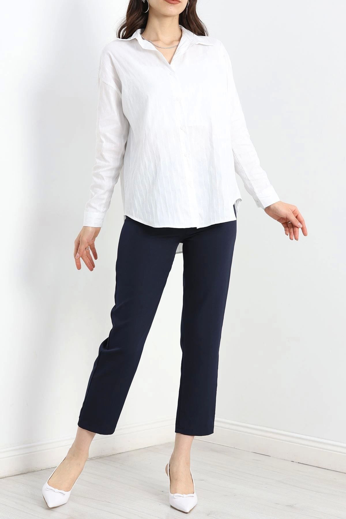 OurStyles Çizgili Terikoton Gömlek Beyaz4 - 80018.147.