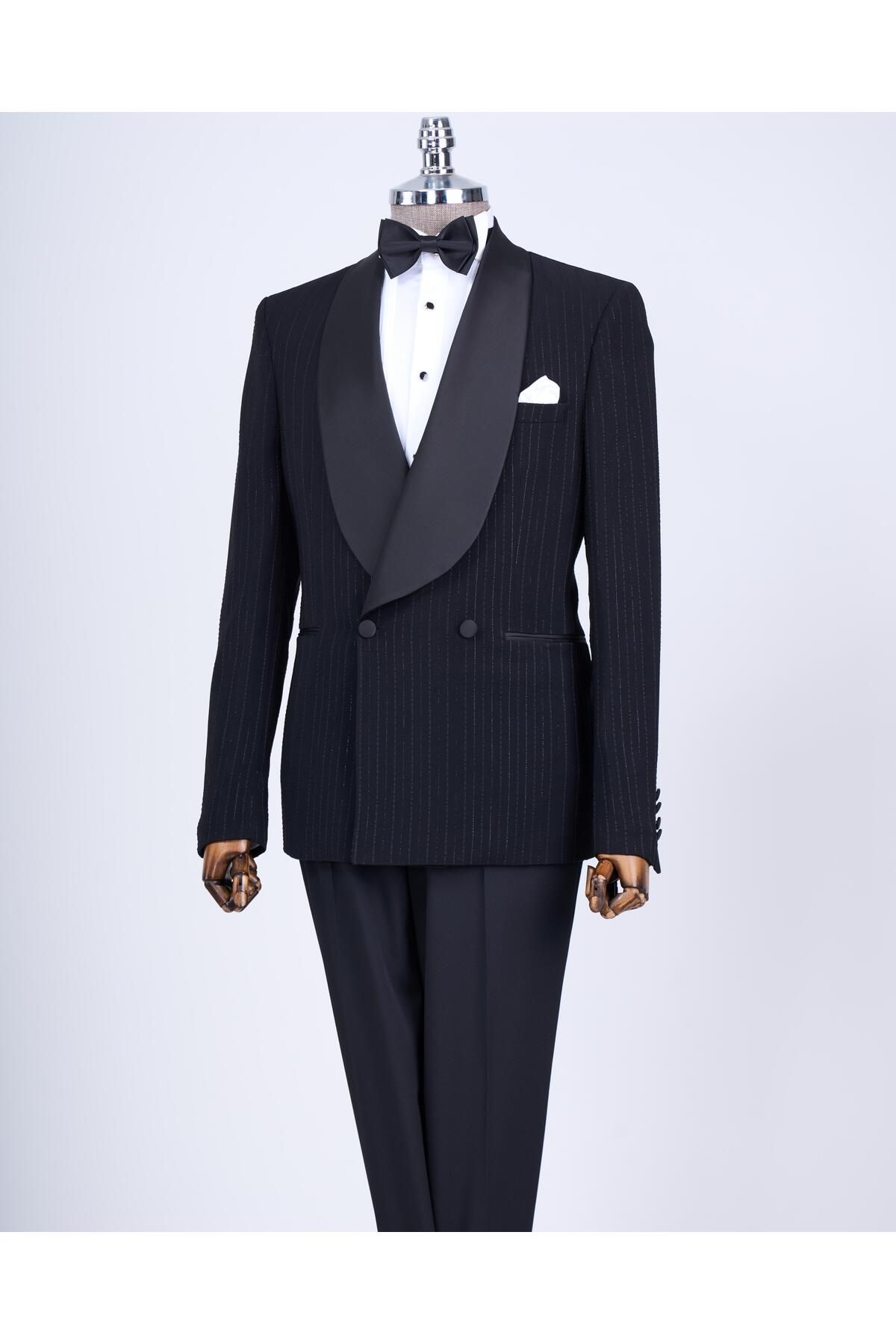 TerziAdemAltun İtalyan kesim slim fit şal yaka kruvaze ceket pantolon damatlık set siyah T13630