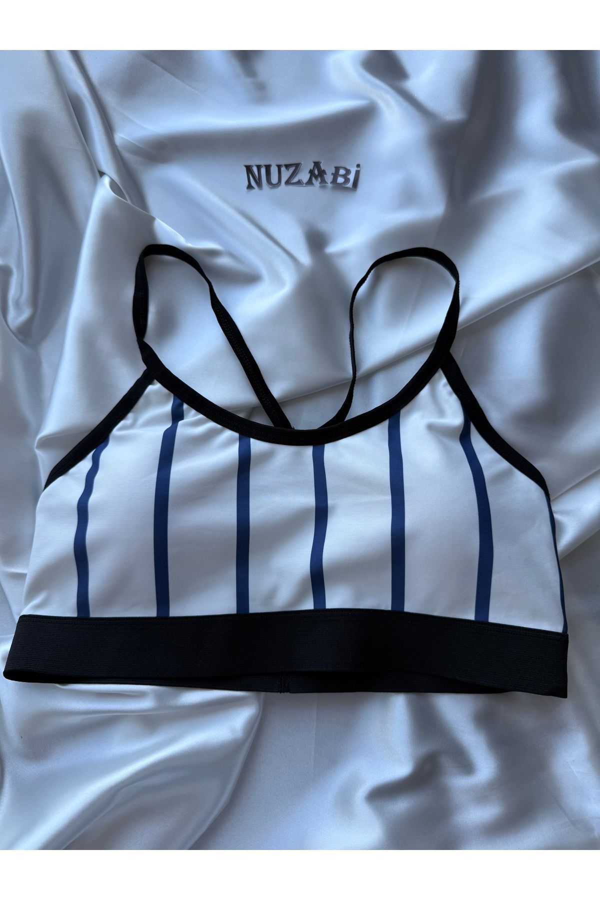 Nuzabi Lola Beyaz Mavi Çizgili Çapraz İnce İp Askılı Sporcu Sütyeni