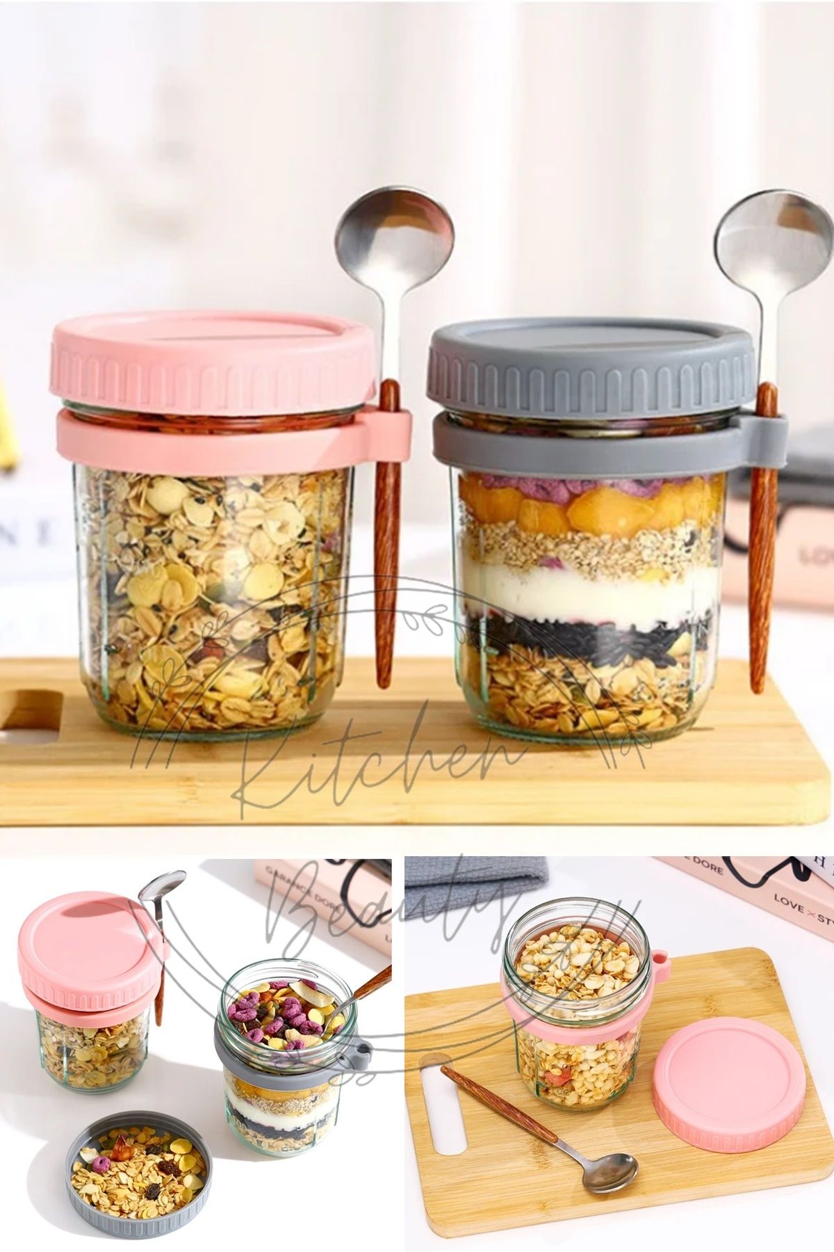 Kitchen Beauty 350 ML Yulaf Bardağı Cam Kapaklı Ve Kaşıklı Taşınabilir Kahvaltı Tahıl Süt Salata Yoğurt Bardağı