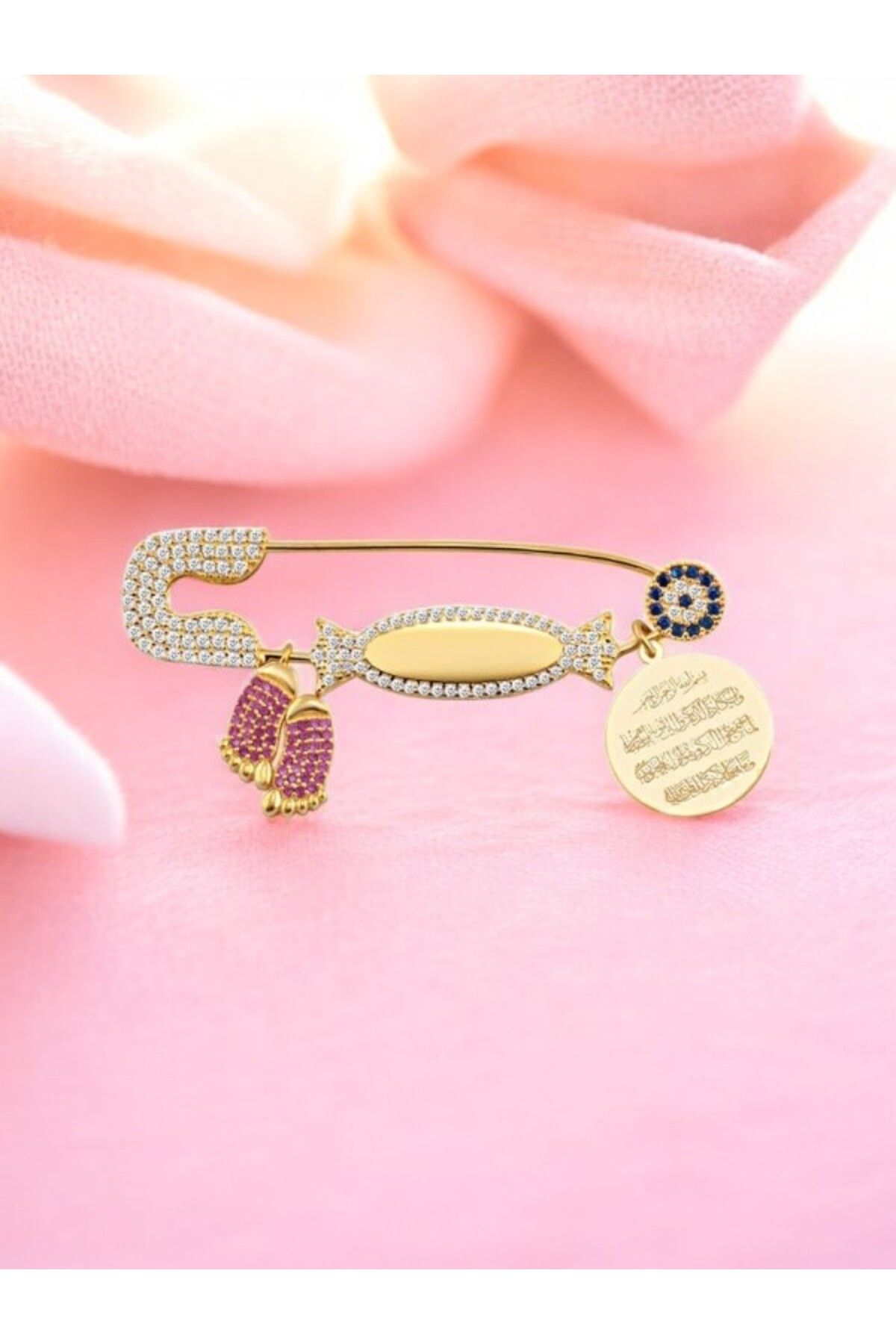 LITTLELUXE Kız Bebek 925 Ayar Gümüş Ayetel Kürsi Dualı İsimli Yaka İğnesi, Maşallah Bebek İğnesi Altın Kaplama
