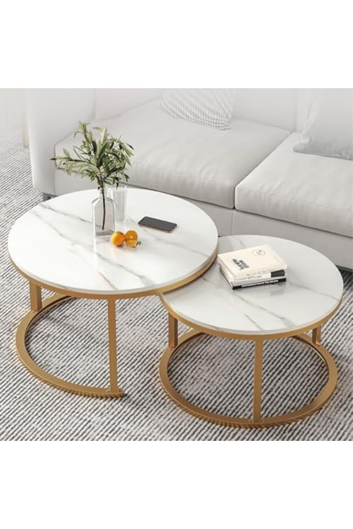 Generic-Modern Nesting Coffee Table Set of 2 Wooden Side Table Minimalist Round Nesting Table Sturdy Steel F 1