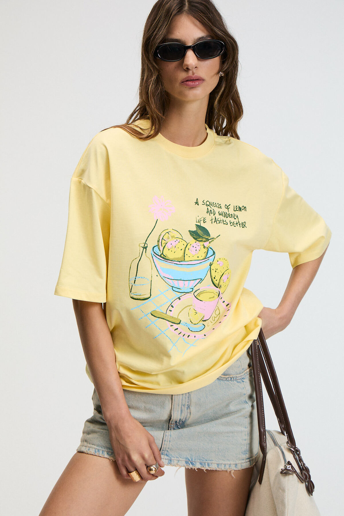 GRIMELANGE  NITZA Kadın %100 Pamuk Oversize Bisiklet Yaka Sarı T-Shirt - Görsel 2